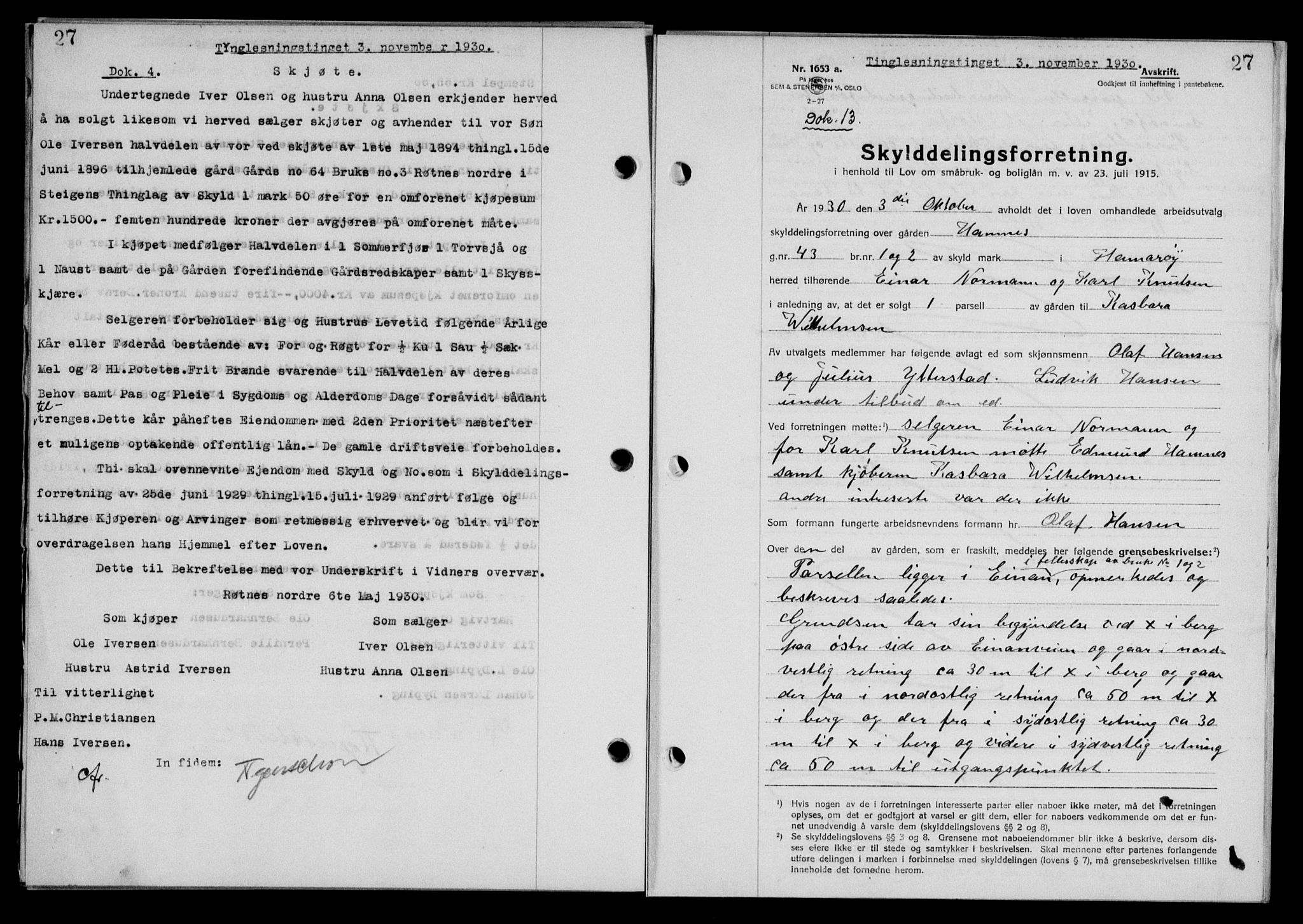 Steigen og Ofoten sorenskriveri, SAT/A-0030/1/2/2C/L0018/0001: Mortgage book no. 20-II og 21, 1930-1931, Deed date: 03.11.1930