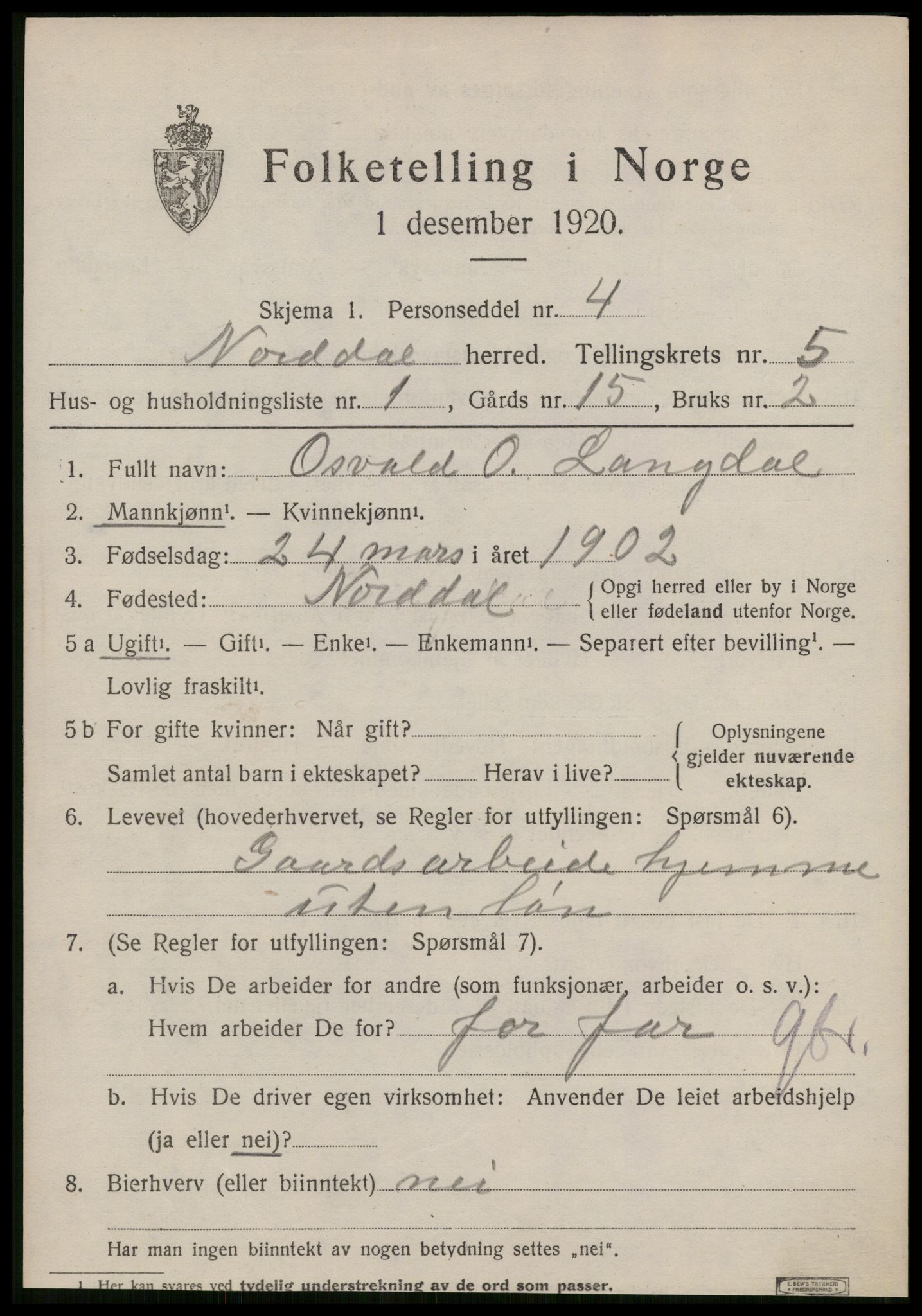 SAT, 1920 census for Norddal, 1920, p. 2809