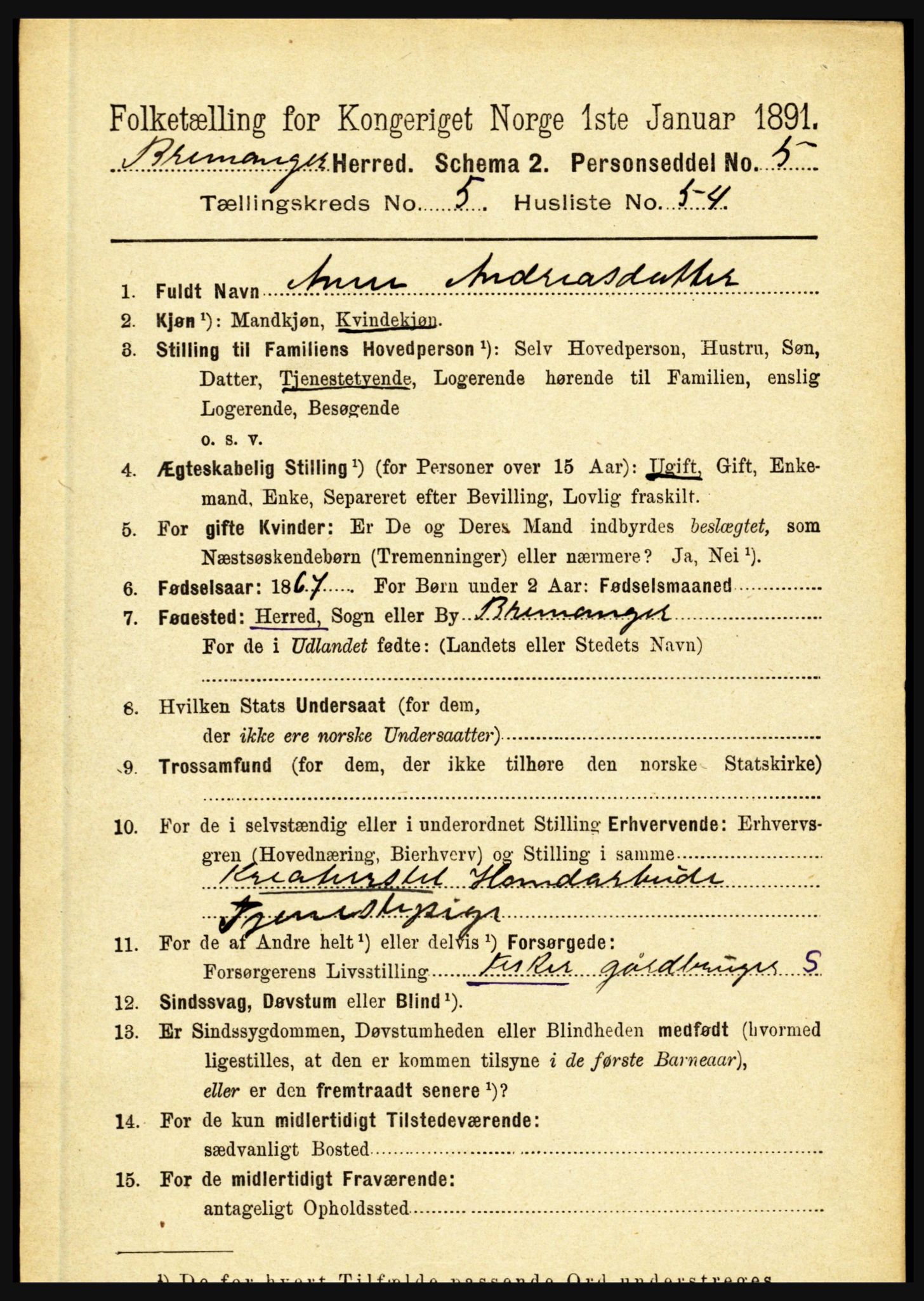 RA, 1891 census for 1438 Bremanger, 1891, p. 2324