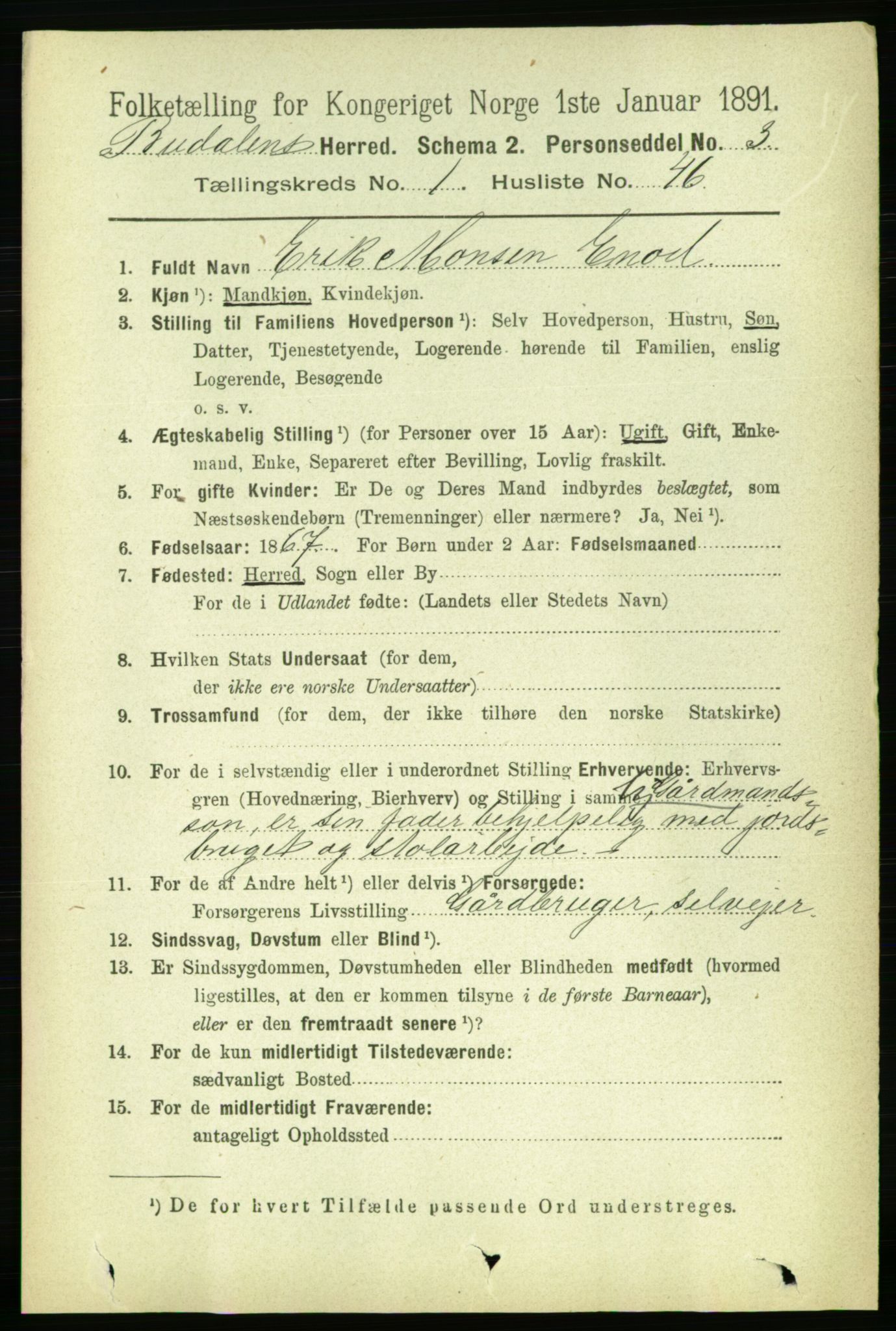 RA, 1891 census for 1647 Budal, 1891, p. 372