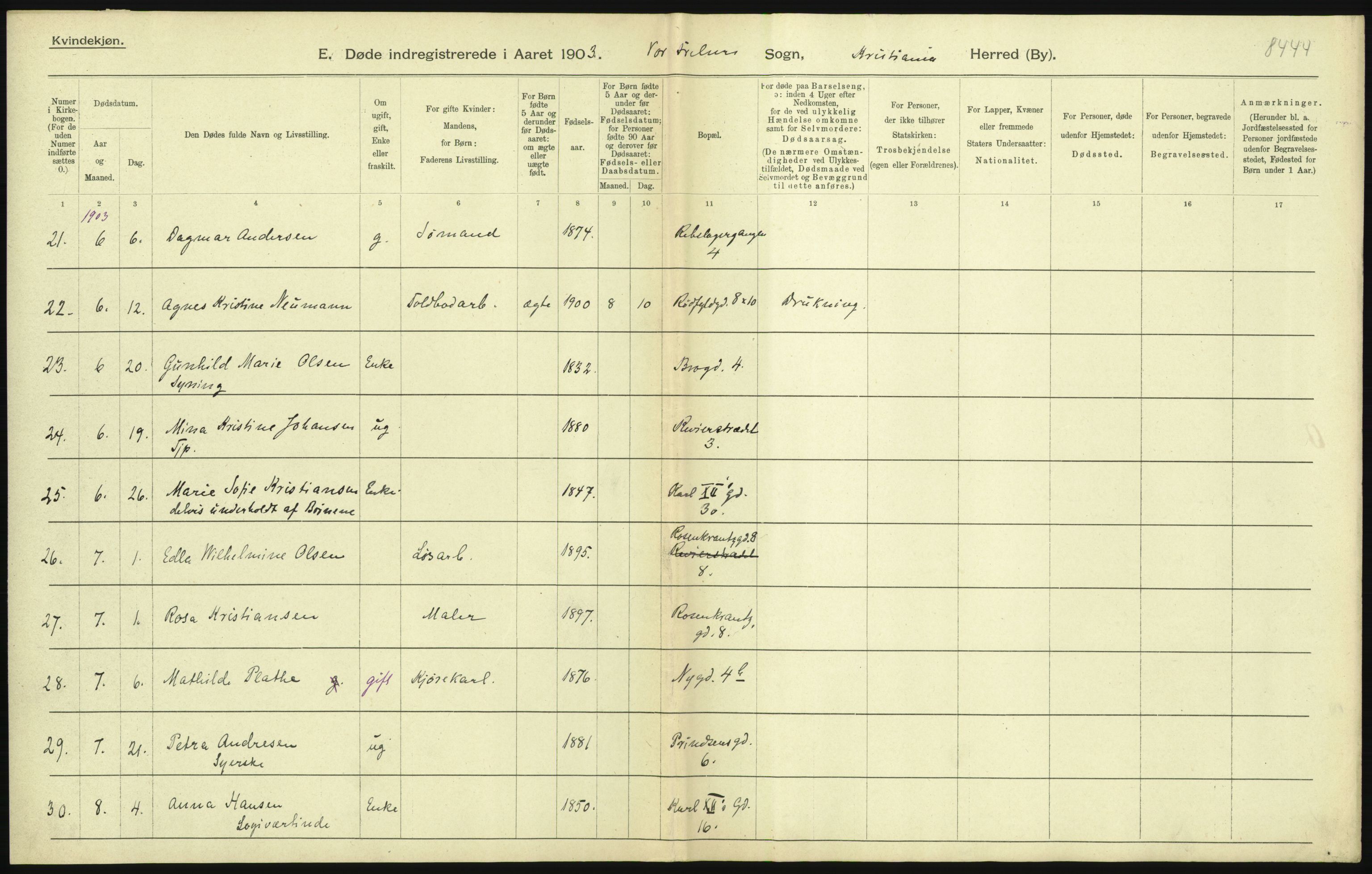 Statistisk sentralbyrå, Sosiodemografiske emner, Befolkning, AV/RA-S-2228/D/Df/Dfa/Dfaa/L0004: Kristiania: Gifte, døde, 1903, p. 105