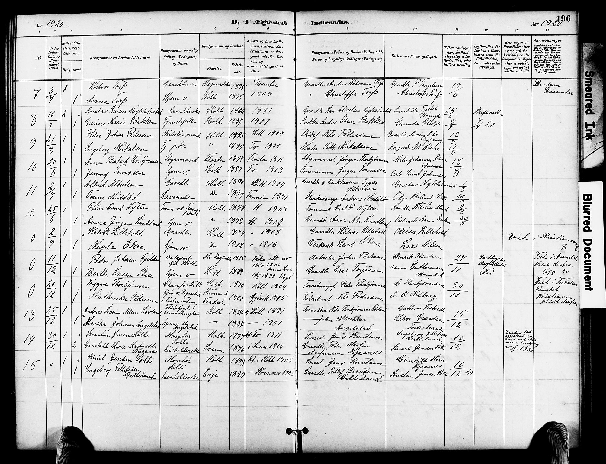 Holt sokneprestkontor, AV/SAK-1111-0021/F/Fb/L0011: Parish register (copy) no. B 11, 1897-1921, p. 196