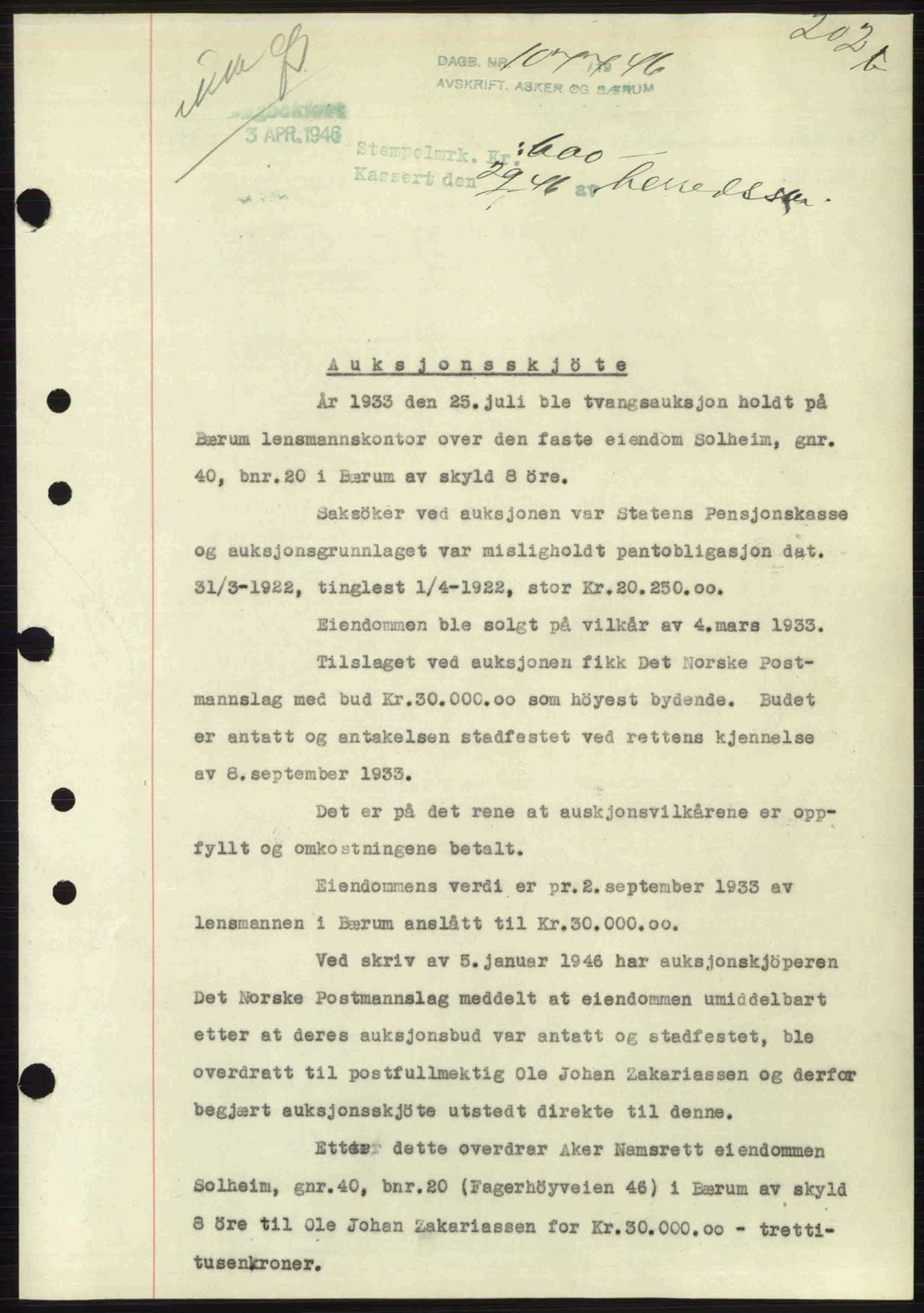 Aker herredsskriveri, AV/SAO-A-10896/G/Gb/Gbb/Gbbb/L0034: Mortgage book no. A80, 1946-1946, Diary no: : 1077/1946