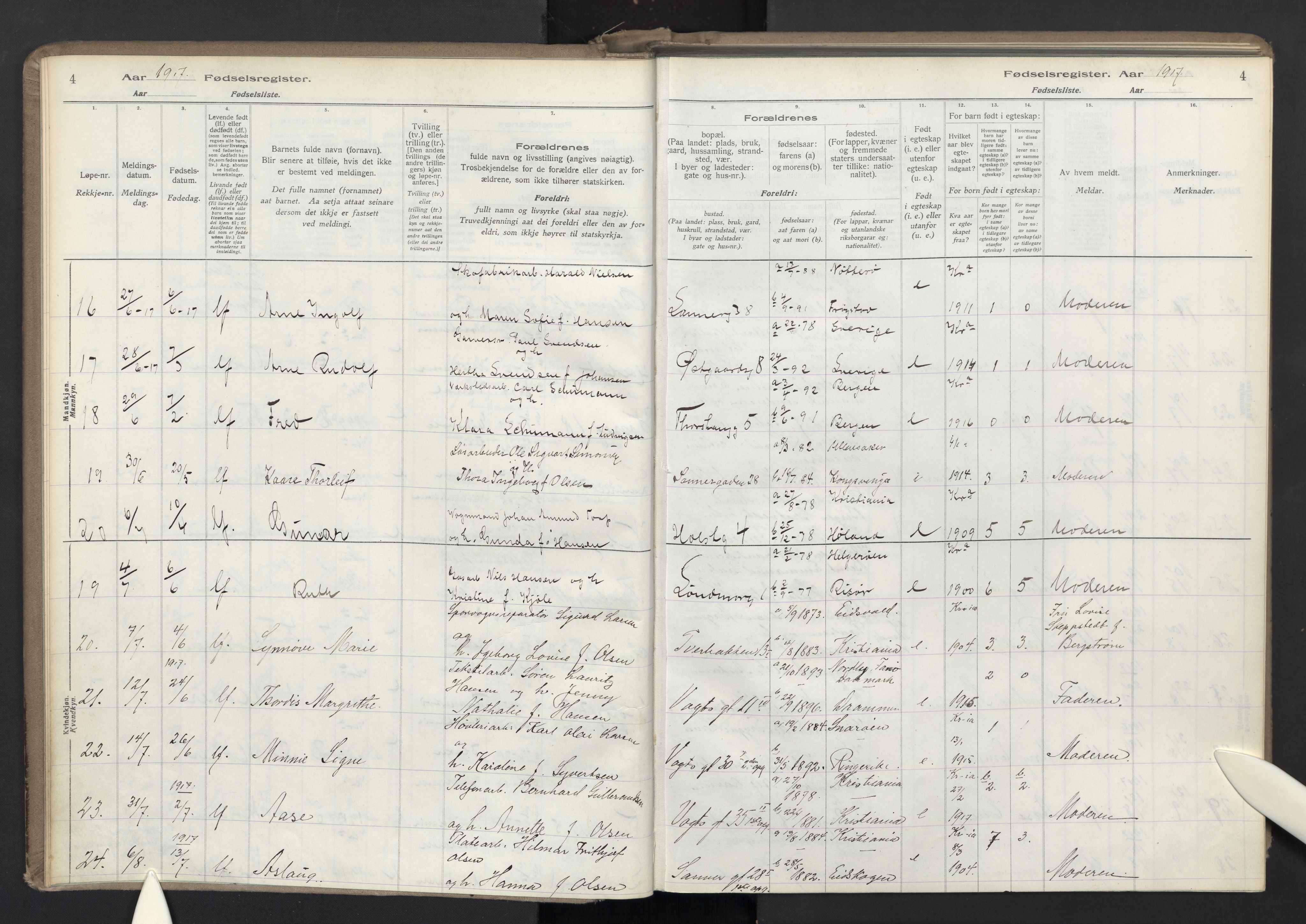 Lilleborg prestekontor Kirkebøker, AV/SAO-A-10343a/J/L0001: Birth register no. 1, 1917-1944, p. 4