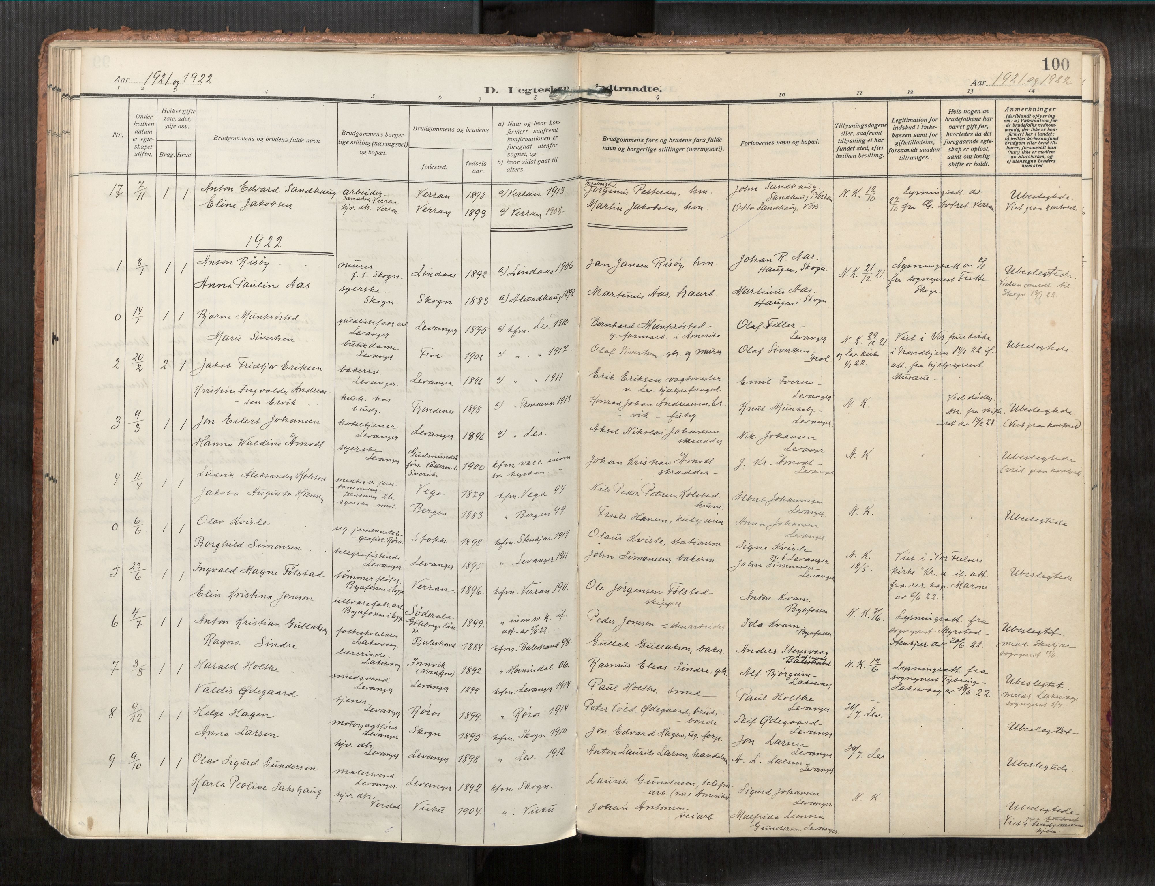 Levanger sokneprestkontor, SAT/A-1301/2/H/Haa/L0001: Parish register (official) no. 1, 1912-1932, p. 100