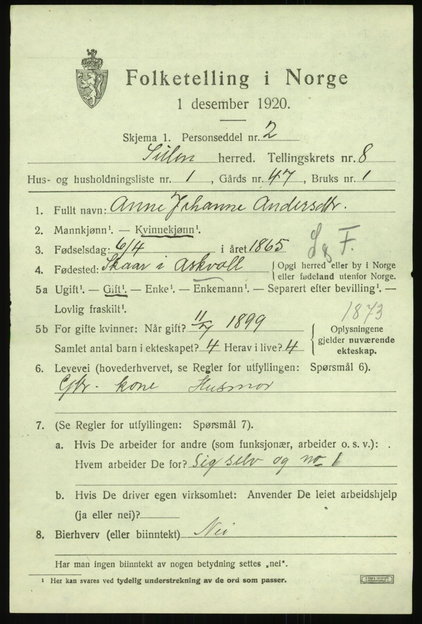 SAB, 1920 census for Solund, 1920, p. 3140