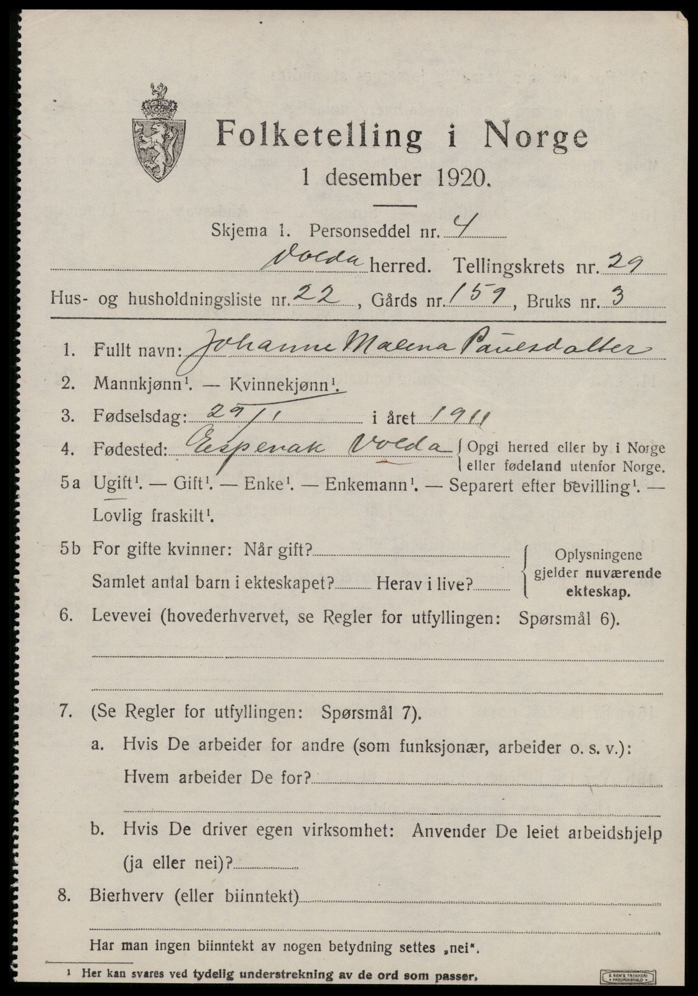 SAT, 1920 census for Volda, 1920, p. 13596