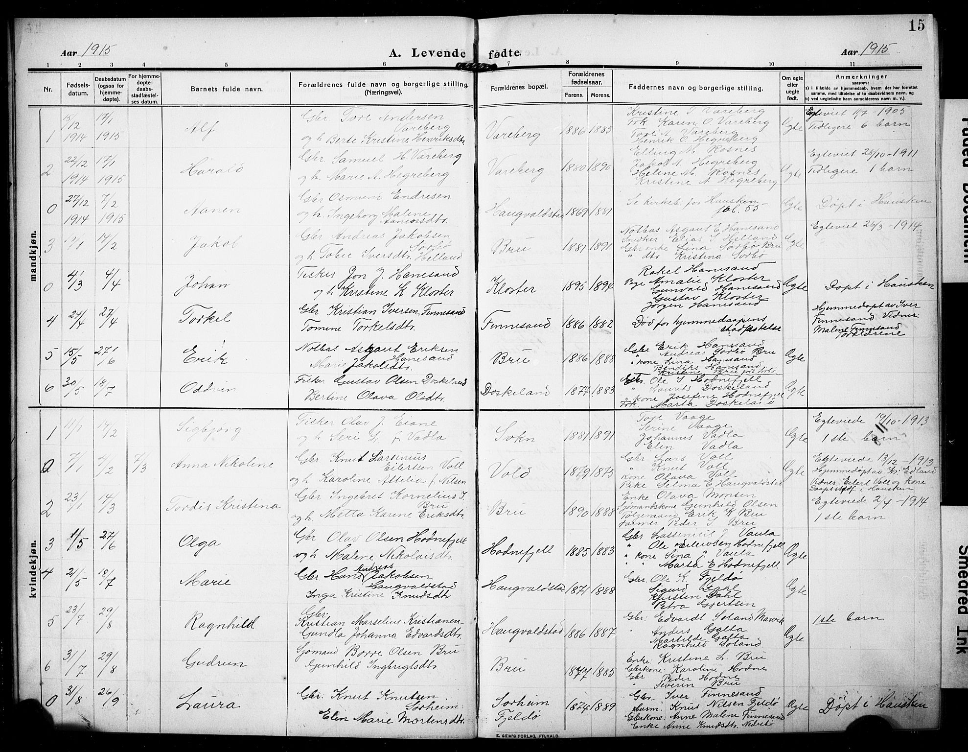 Rennesøy sokneprestkontor, SAST/A -101827/H/Ha/Hab/L0013: Parish register (copy) no. B 12, 1907-1928, p. 15