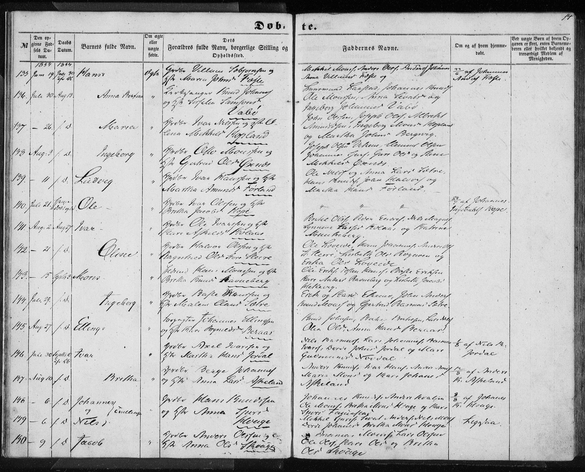 Lindås Sokneprestembete, AV/SAB-A-76701/H/Haa/Haaa/L0011: Parish register (official) no. A 11, 1854-1869, p. 14