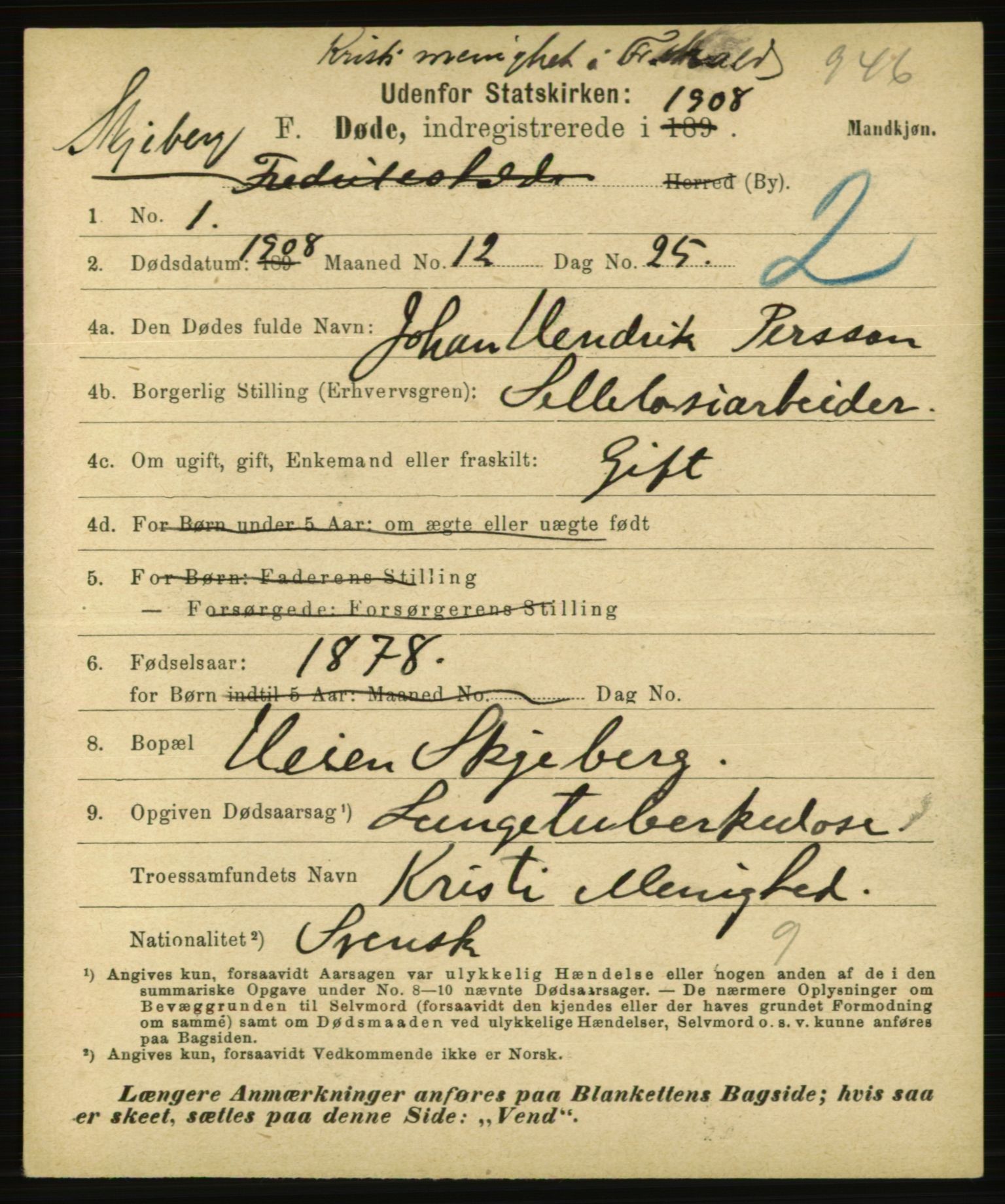 Statistisk sentralbyrå, Sosiodemografiske emner, Befolkning, AV/RA-S-2228/E/L0006: Fødte, gifte, døde dissentere., 1908, p. 2275