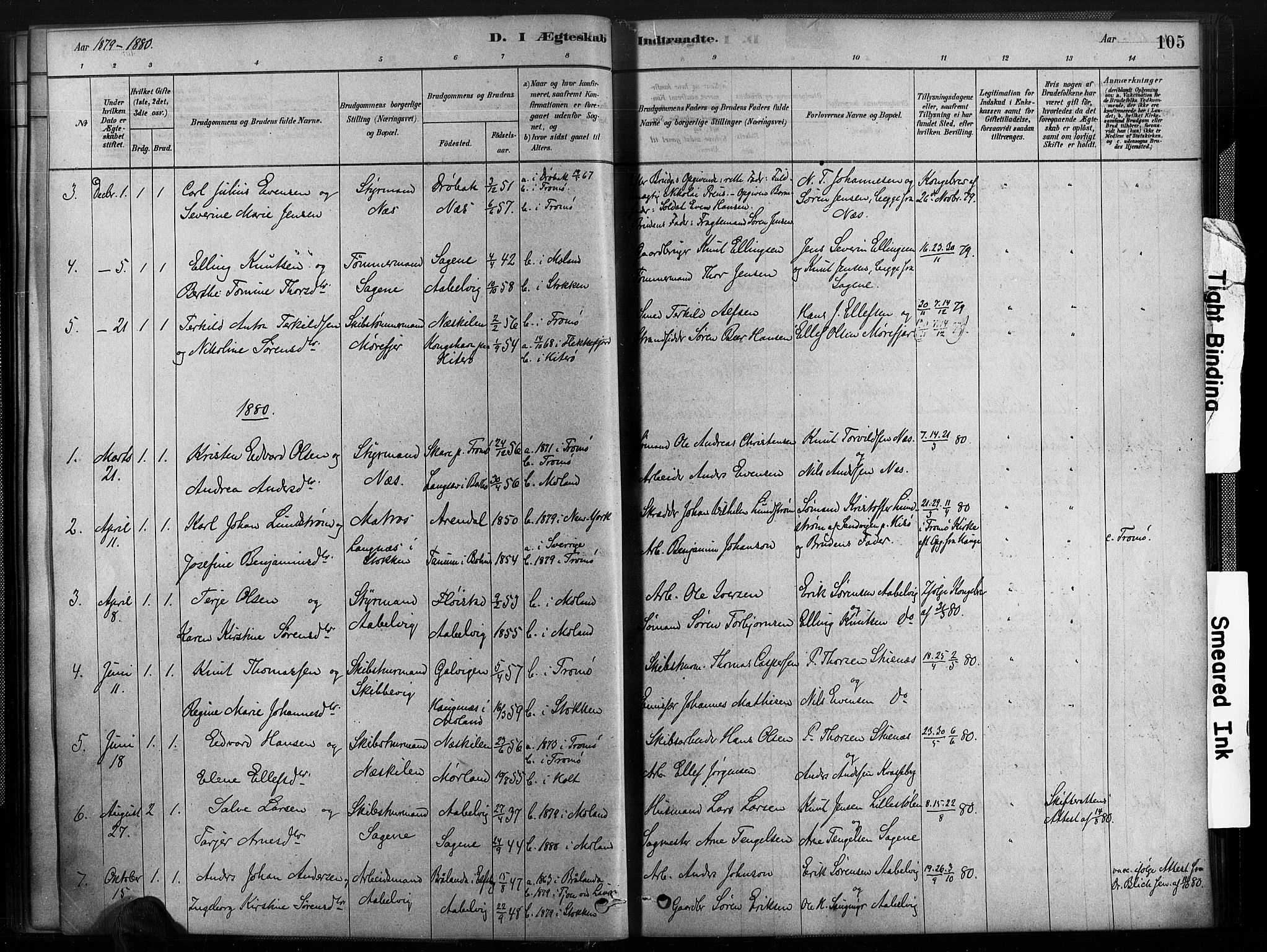 Austre Moland sokneprestkontor, AV/SAK-1111-0001/F/Fa/Fab/L0001: Parish register (official) no. A 1, 1878-1898, p. 105