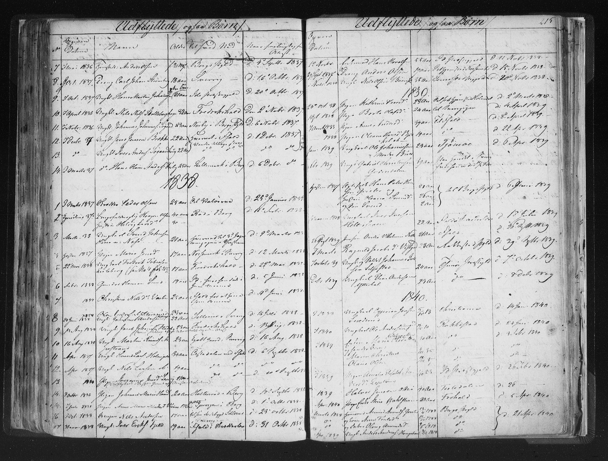 Aremark prestekontor Kirkebøker, SAO/A-10899/F/Fc/L0002: Parish register (official) no. III 2, 1834-1849, p. 215