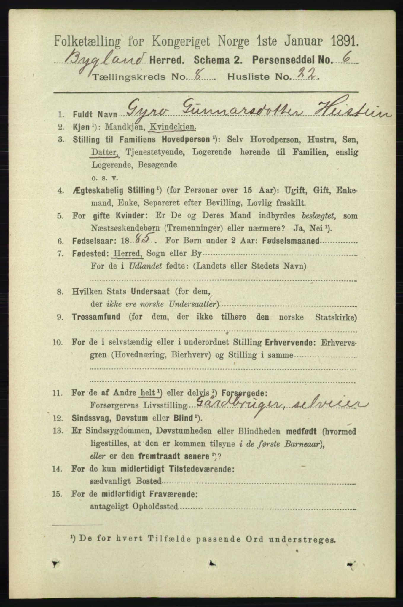 RA, 1891 census for 0938 Bygland, 1891, p. 2059