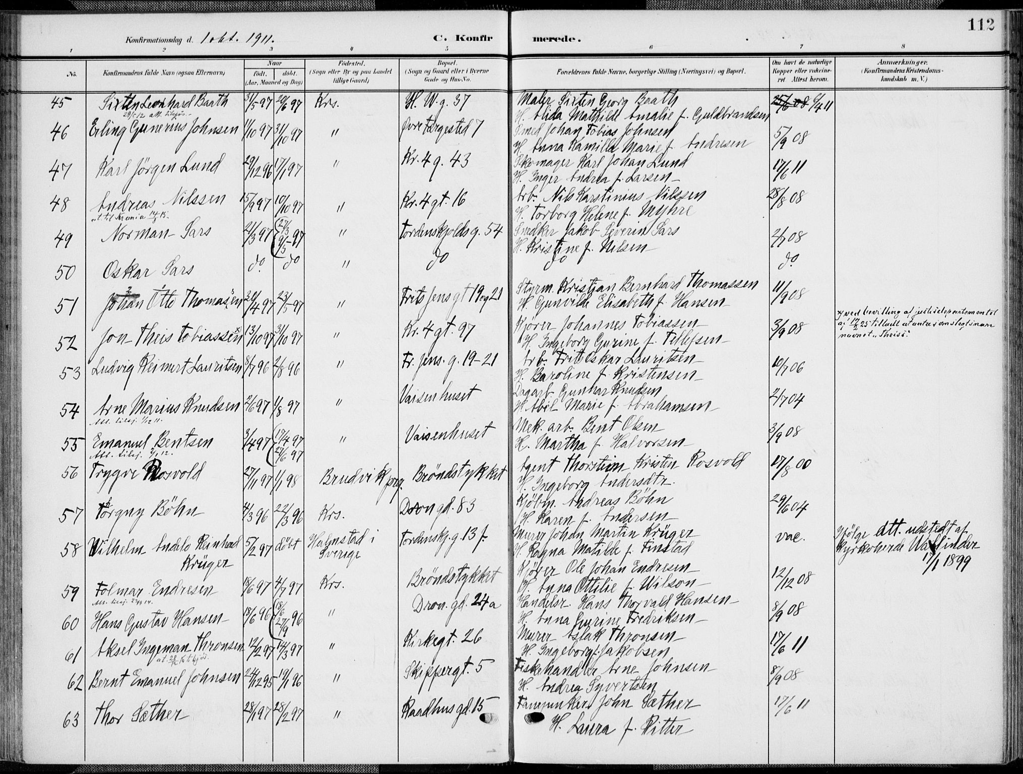 Kristiansand domprosti, SAK/1112-0006/F/Fa/L0022: Parish register (official) no. A 21, 1905-1916, p. 112