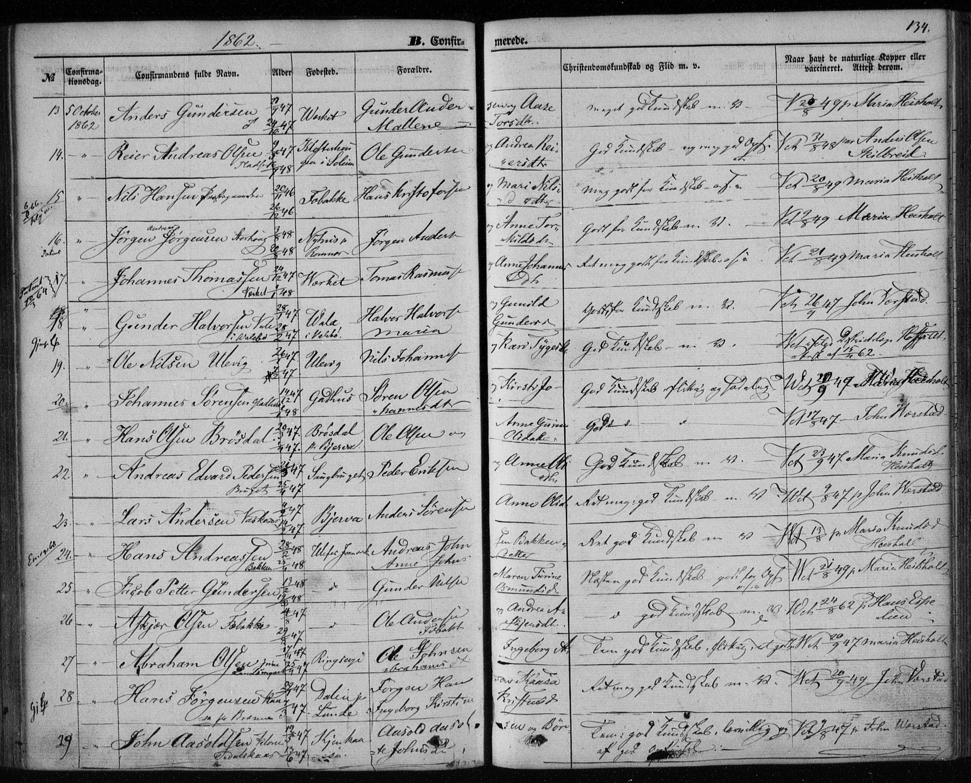 Holla kirkebøker, SAKO/A-272/F/Fa/L0006: Parish register (official) no. 6, 1861-1869, p. 134