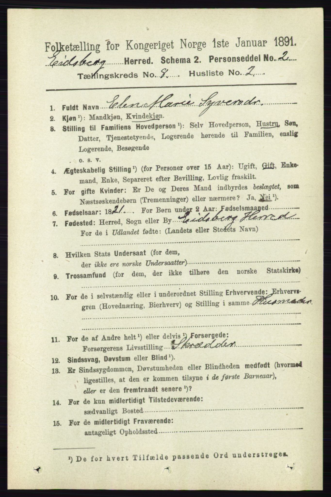 RA, 1891 census for 0125 Eidsberg, 1891, p. 4643