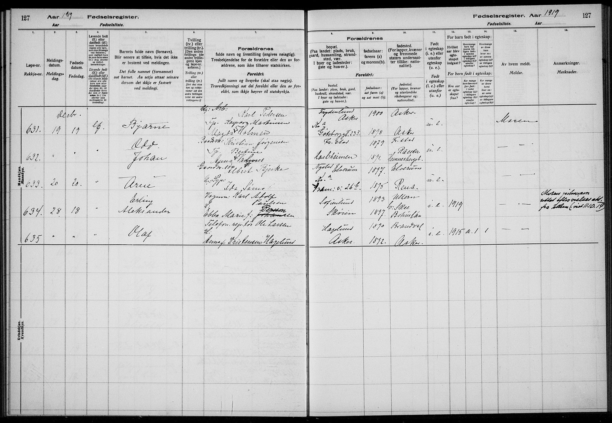 Rikshospitalet prestekontor Kirkebøker, AV/SAO-A-10309b/J/L0004: Birth register no. 4, 1919-1919, p. 127