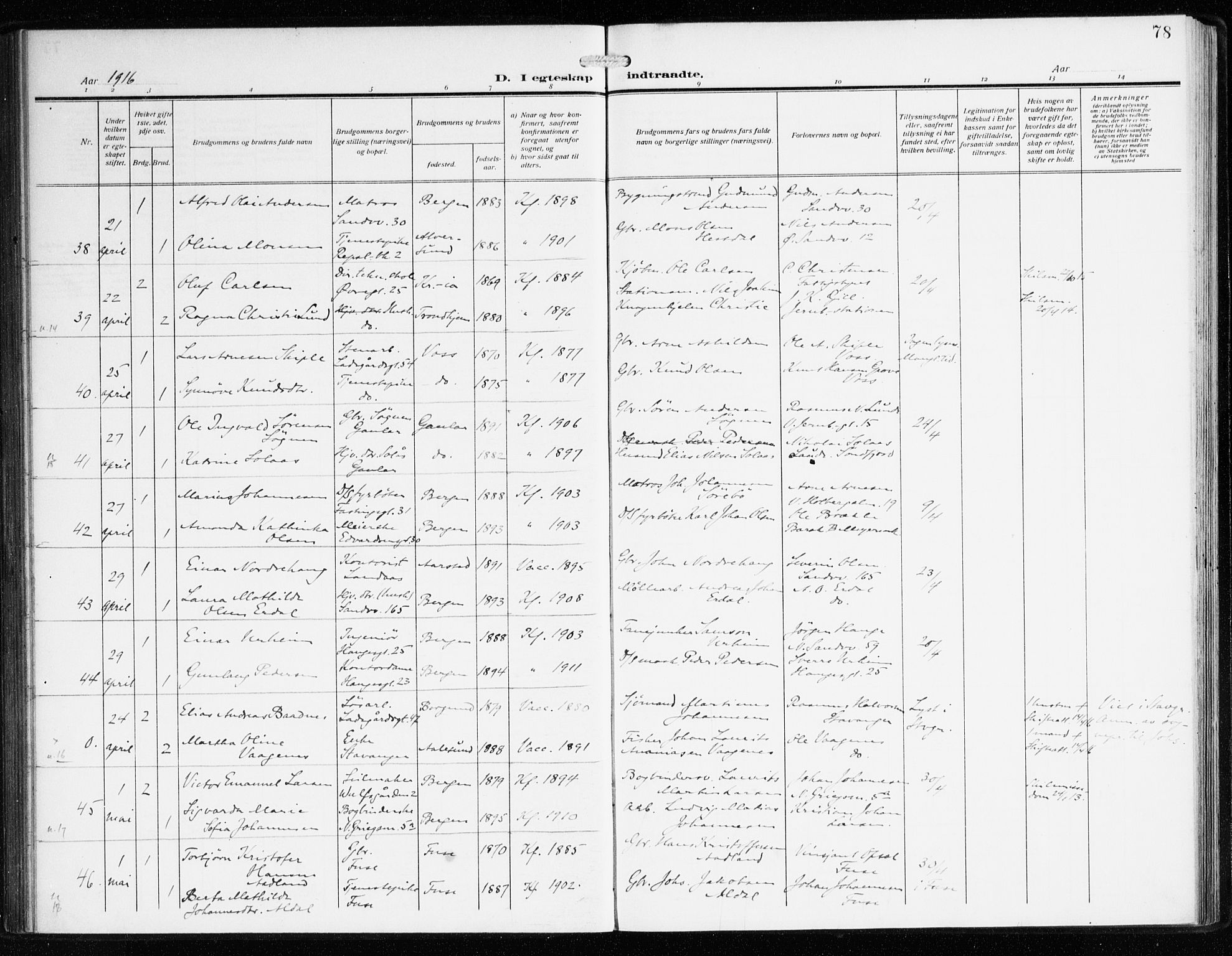 Sandviken Sokneprestembete, AV/SAB-A-77601/H/Ha/L0015: Parish register (official) no. D 2, 1911-1923, p. 78