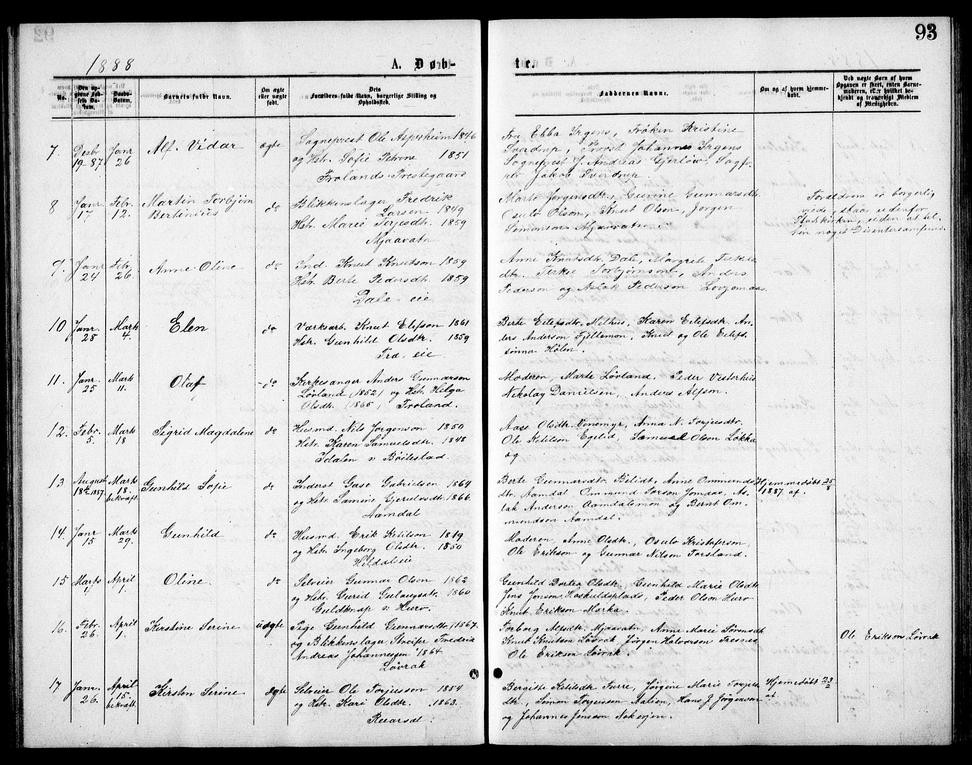 Froland sokneprestkontor, AV/SAK-1111-0013/F/Fb/L0009: Parish register (copy) no. B 9, 1875-1893, p. 93