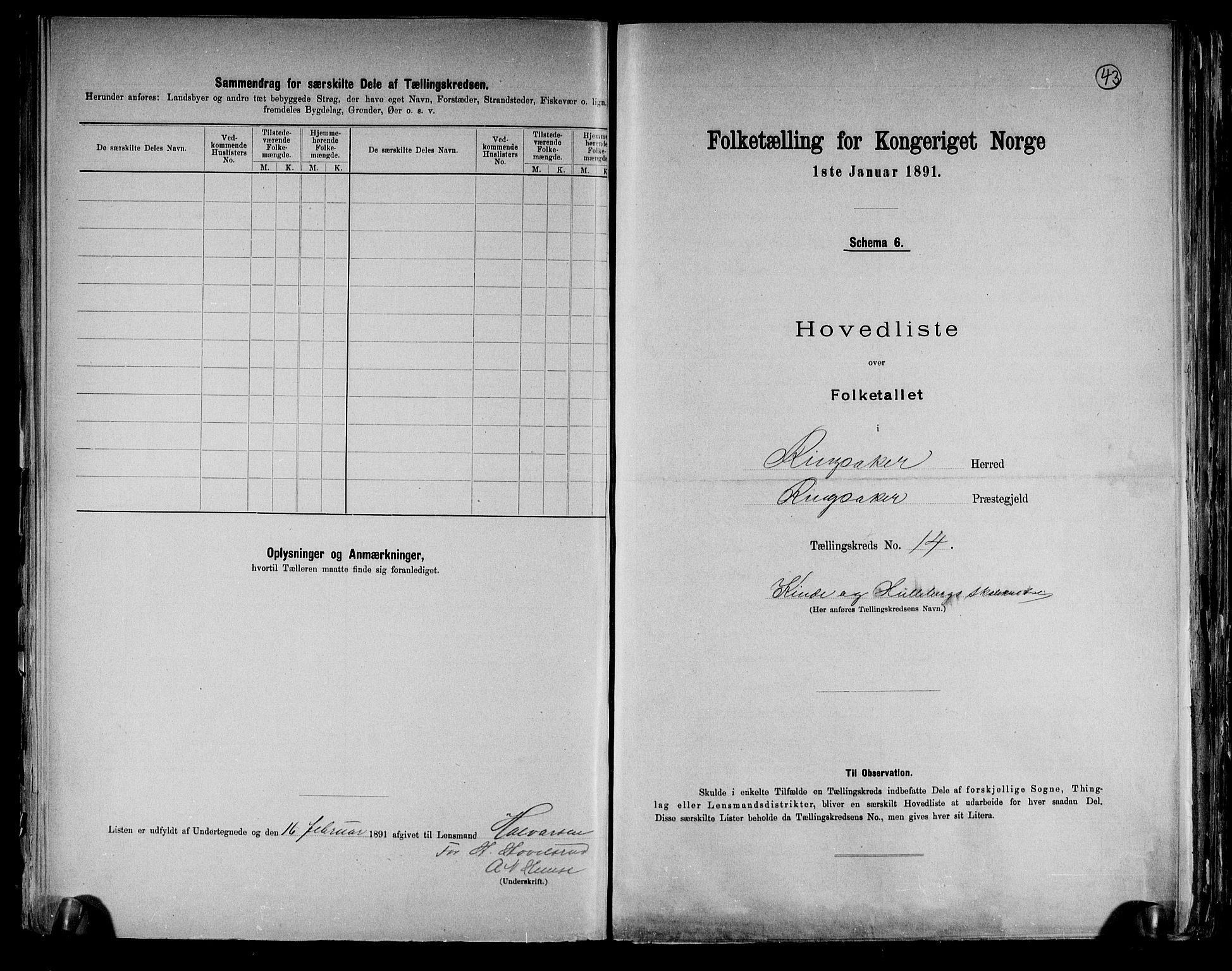 RA, 1891 census for 0412 Ringsaker, 1891, p. 43