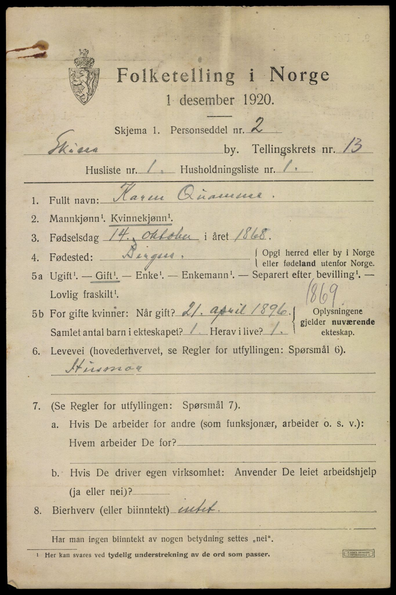 SAKO, 1920 census for Skien, 1920, p. 39482
