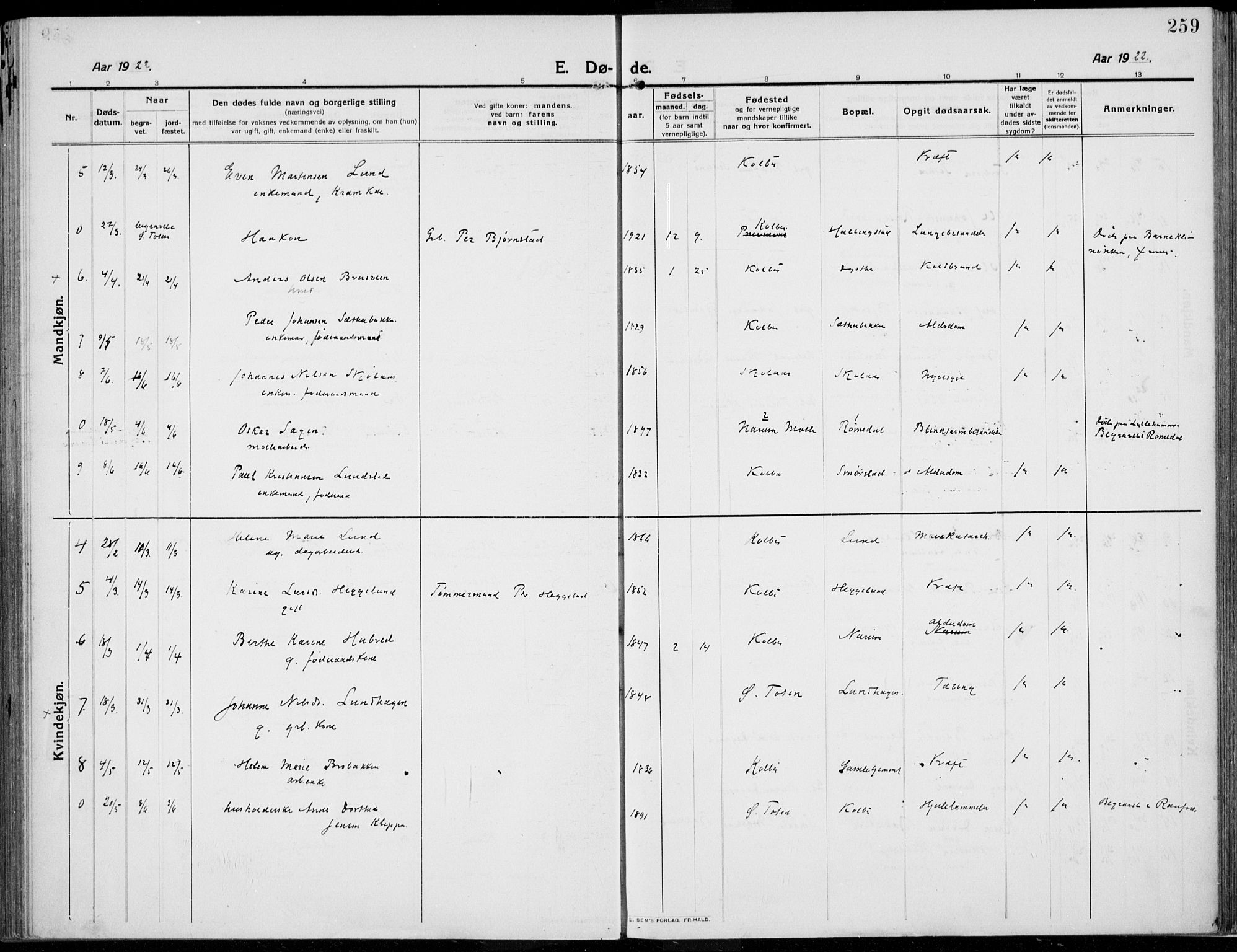 Kolbu prestekontor, SAH/PREST-110/H/Ha/Haa/L0002: Parish register (official) no. 2, 1912-1926, p. 259