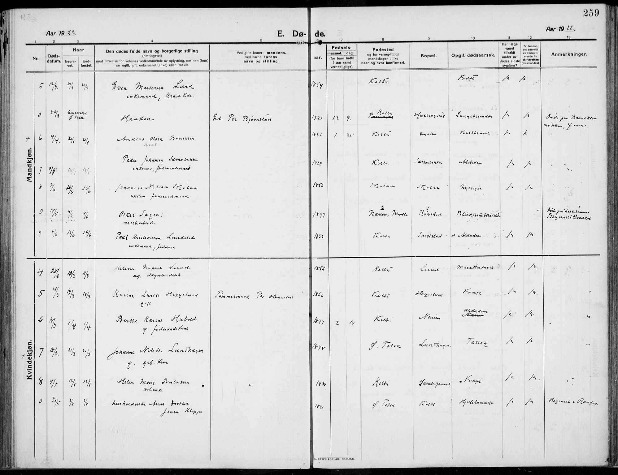 Kolbu prestekontor, AV/SAH-PREST-110/H/Ha/Haa/L0002: Parish register (official) no. 2, 1912-1926, p. 259