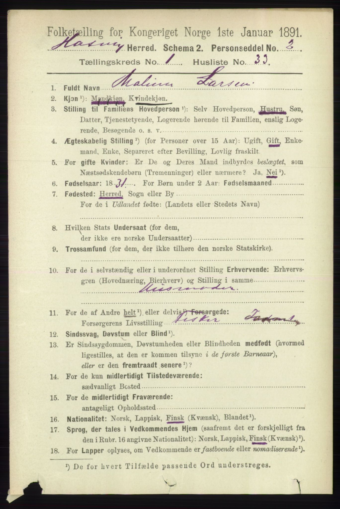 RA, 1891 census for 2015 Hasvik, 1891, p. 256