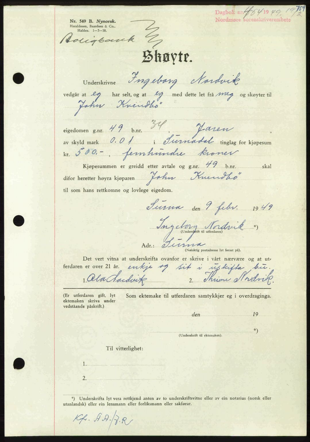 Nordmøre sorenskriveri, AV/SAT-A-4132/1/2/2Ca: Mortgage book no. A110, 1948-1949, Diary no: : 454/1949