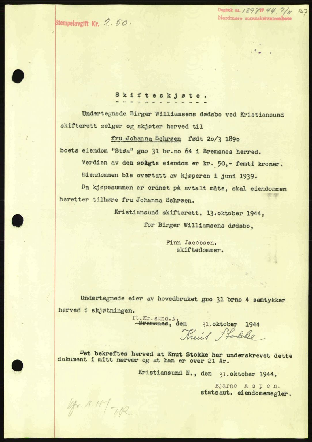 Nordmøre sorenskriveri, AV/SAT-A-4132/1/2/2Ca: Mortgage book no. A98, 1944-1944, Diary no: : 1897/1944