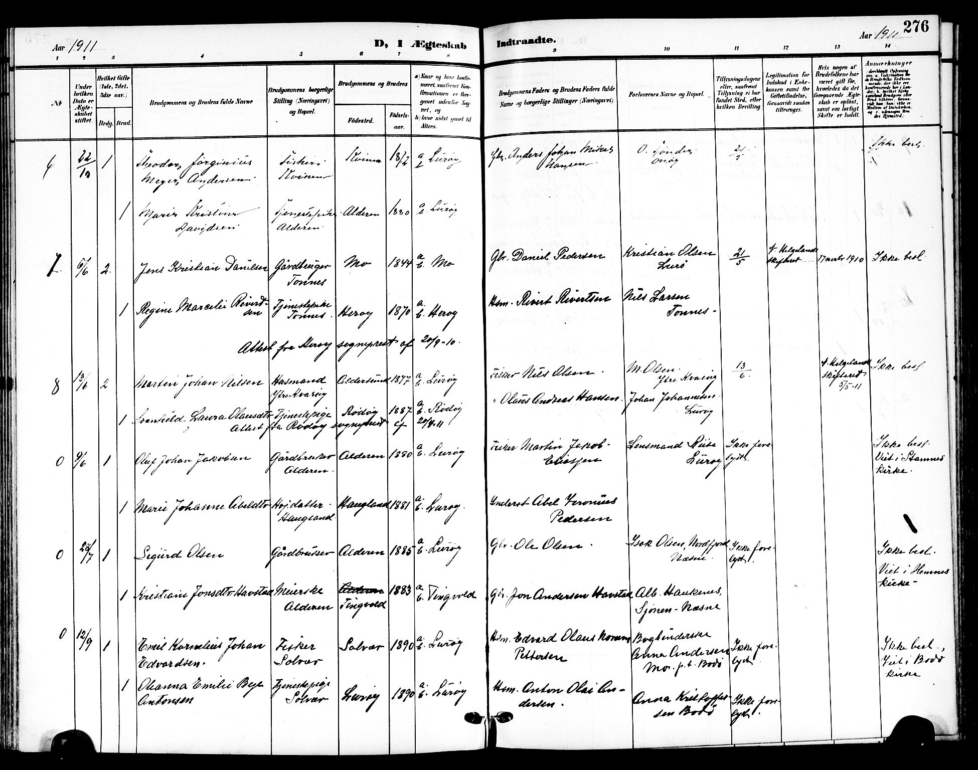 Ministerialprotokoller, klokkerbøker og fødselsregistre - Nordland, AV/SAT-A-1459/839/L0569: Parish register (official) no. 839A06, 1903-1922, p. 276