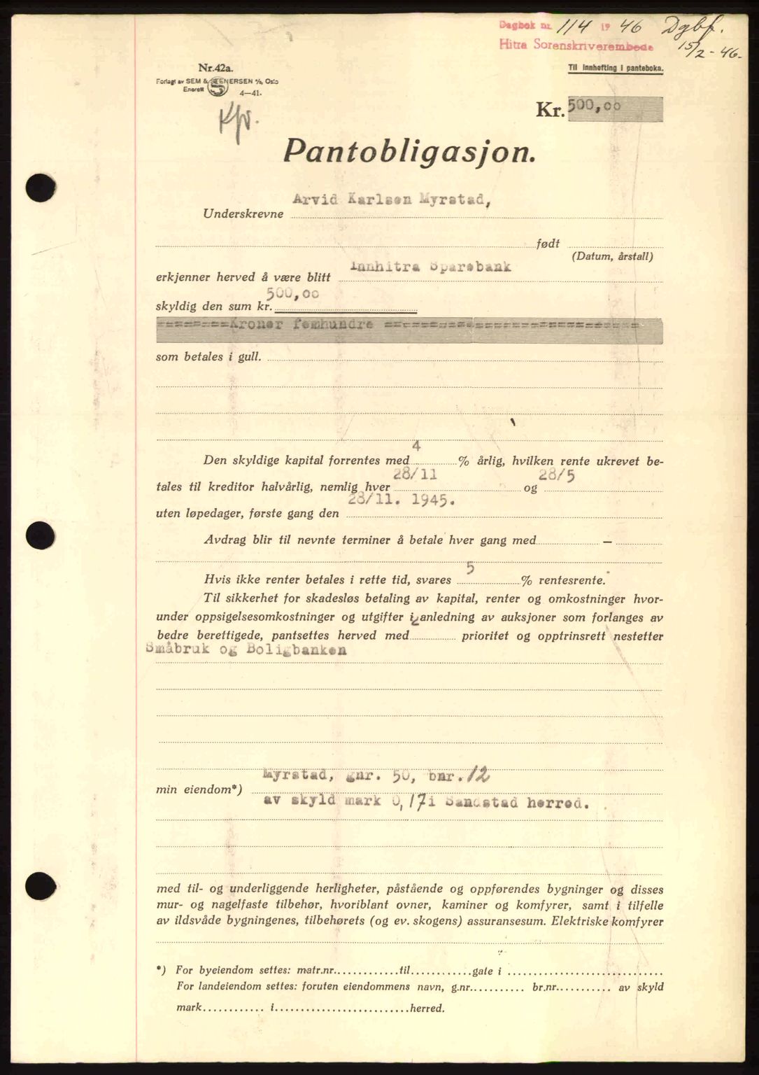 Hitra sorenskriveri, AV/SAT-A-0018/2/2C/2Ca: Mortgage book no. B1, 1939-1949, Diary no: : 114/1946