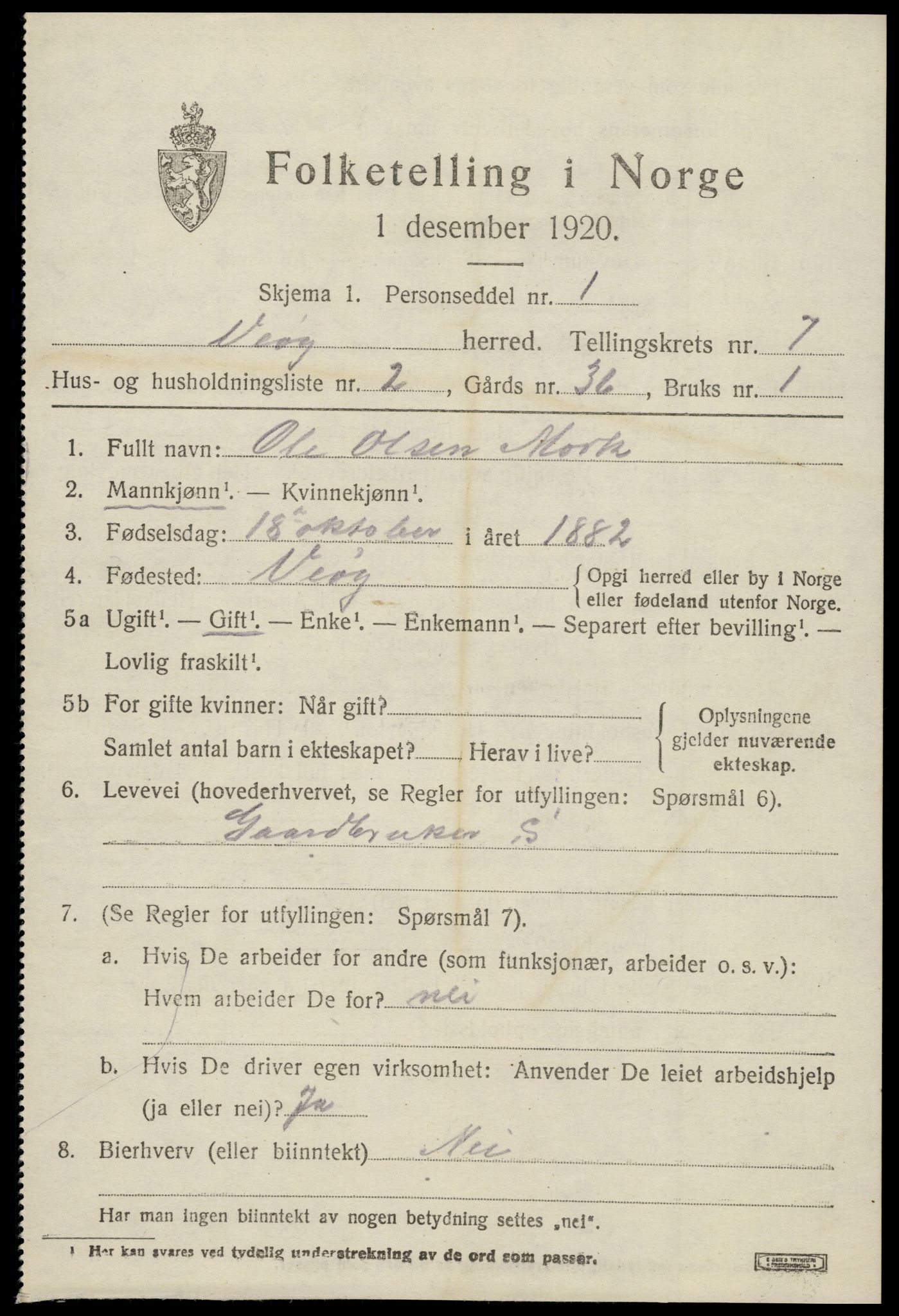 SAT, 1920 census for Veøy, 1920, p. 3087