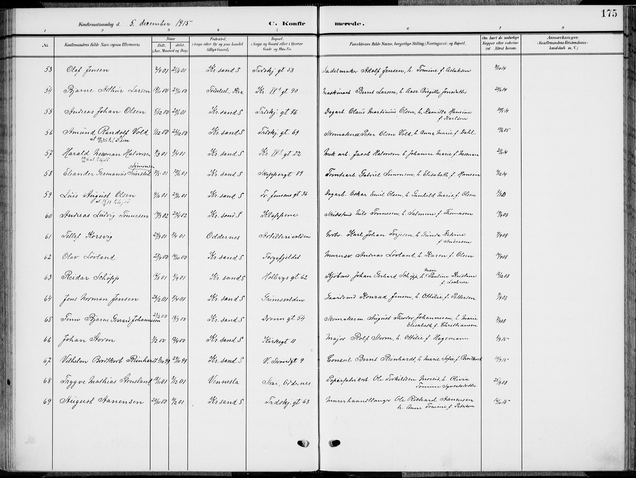 Kristiansand domprosti, SAK/1112-0006/F/Fa/L0022: Parish register (official) no. A 21, 1905-1916, p. 175