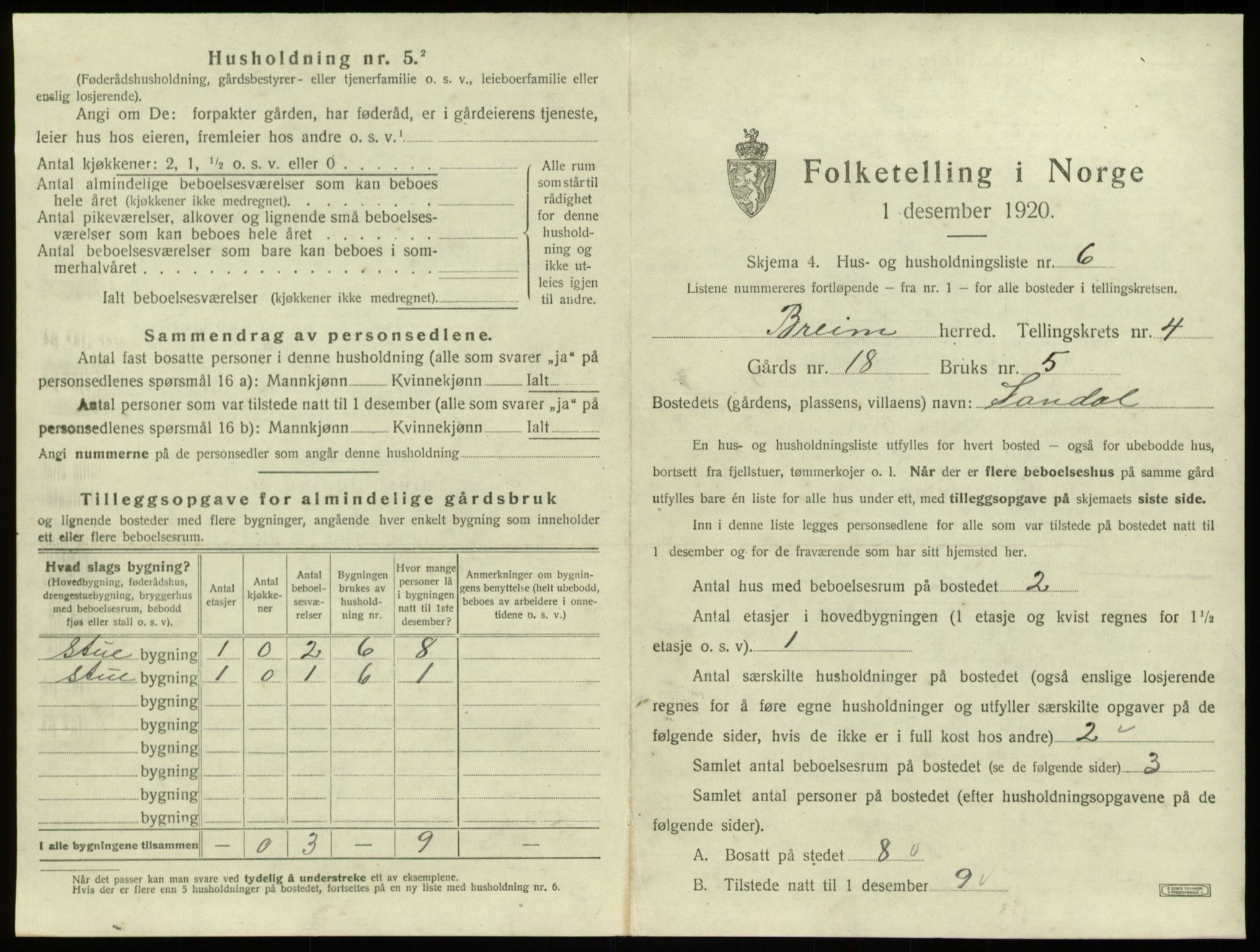 SAB, 1920 census for Breim, 1920, p. 338