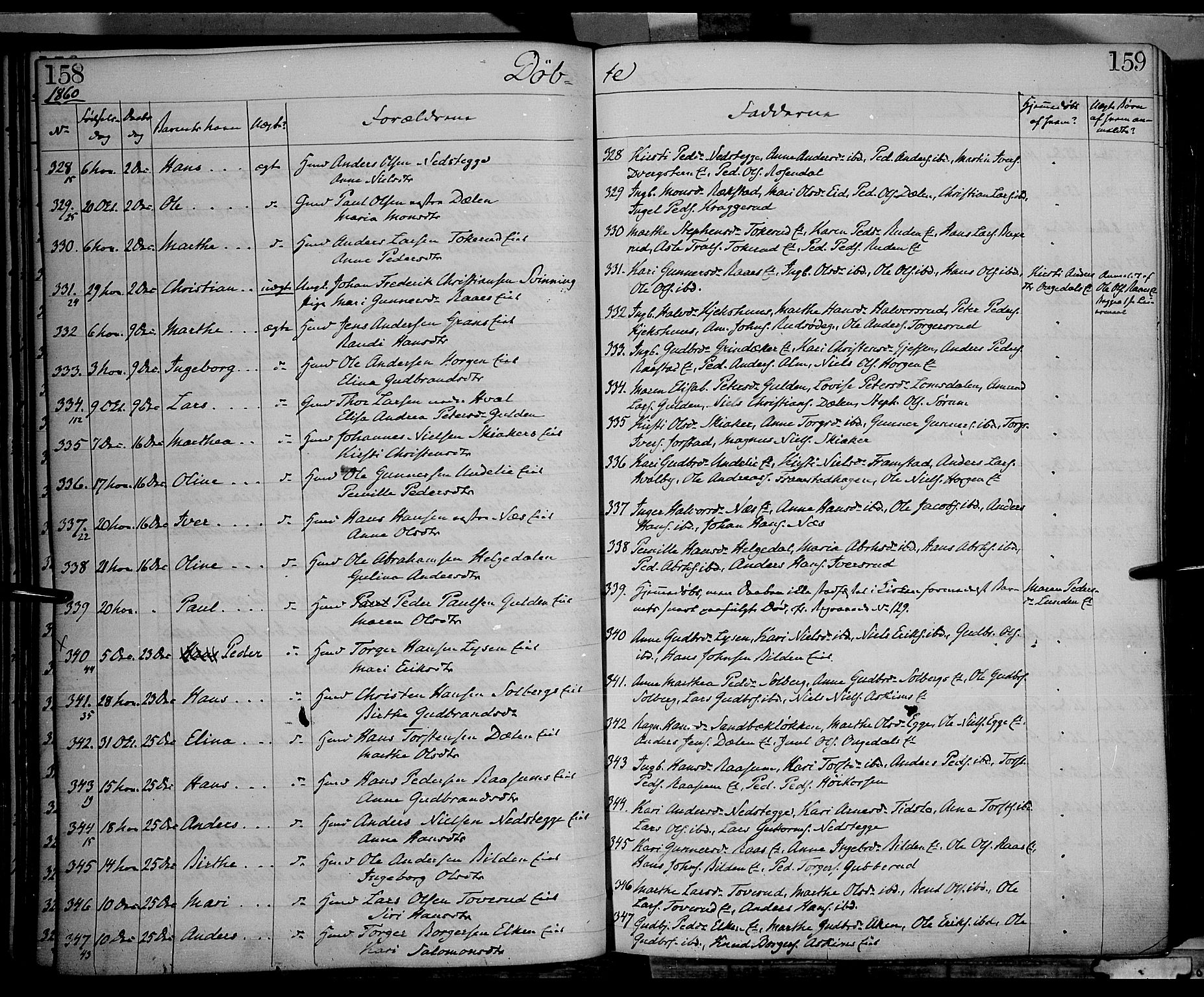 Gran prestekontor, SAH/PREST-112/H/Ha/Haa/L0012: Parish register (official) no. 12, 1856-1874, p. 158-159