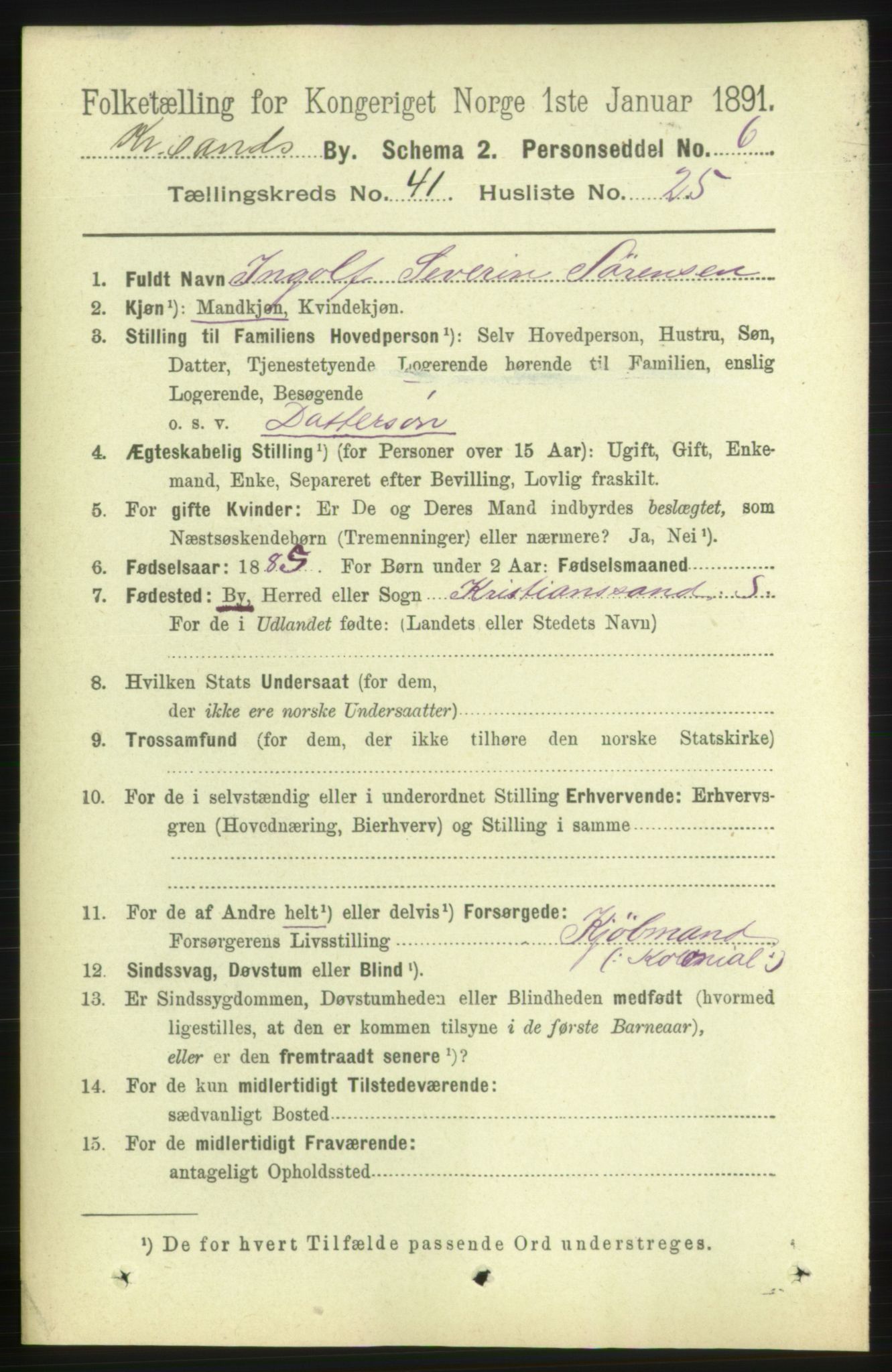 RA, 1891 census for 1001 Kristiansand, 1891, p. 12763