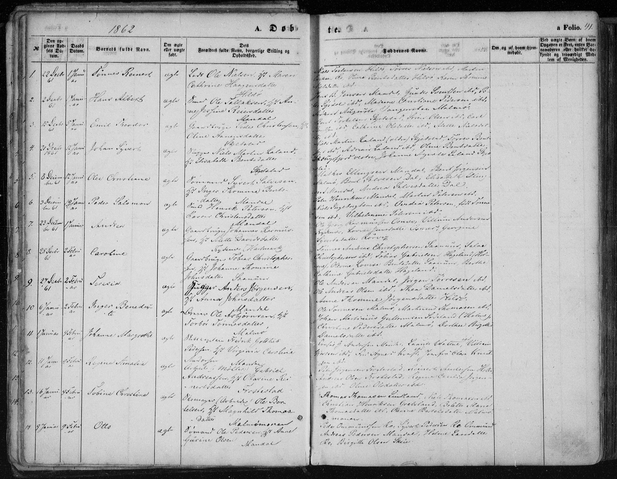 Mandal sokneprestkontor, SAK/1111-0030/F/Fa/Faa/L0014: Parish register (official) no. A 14, 1859-1872, p. 41