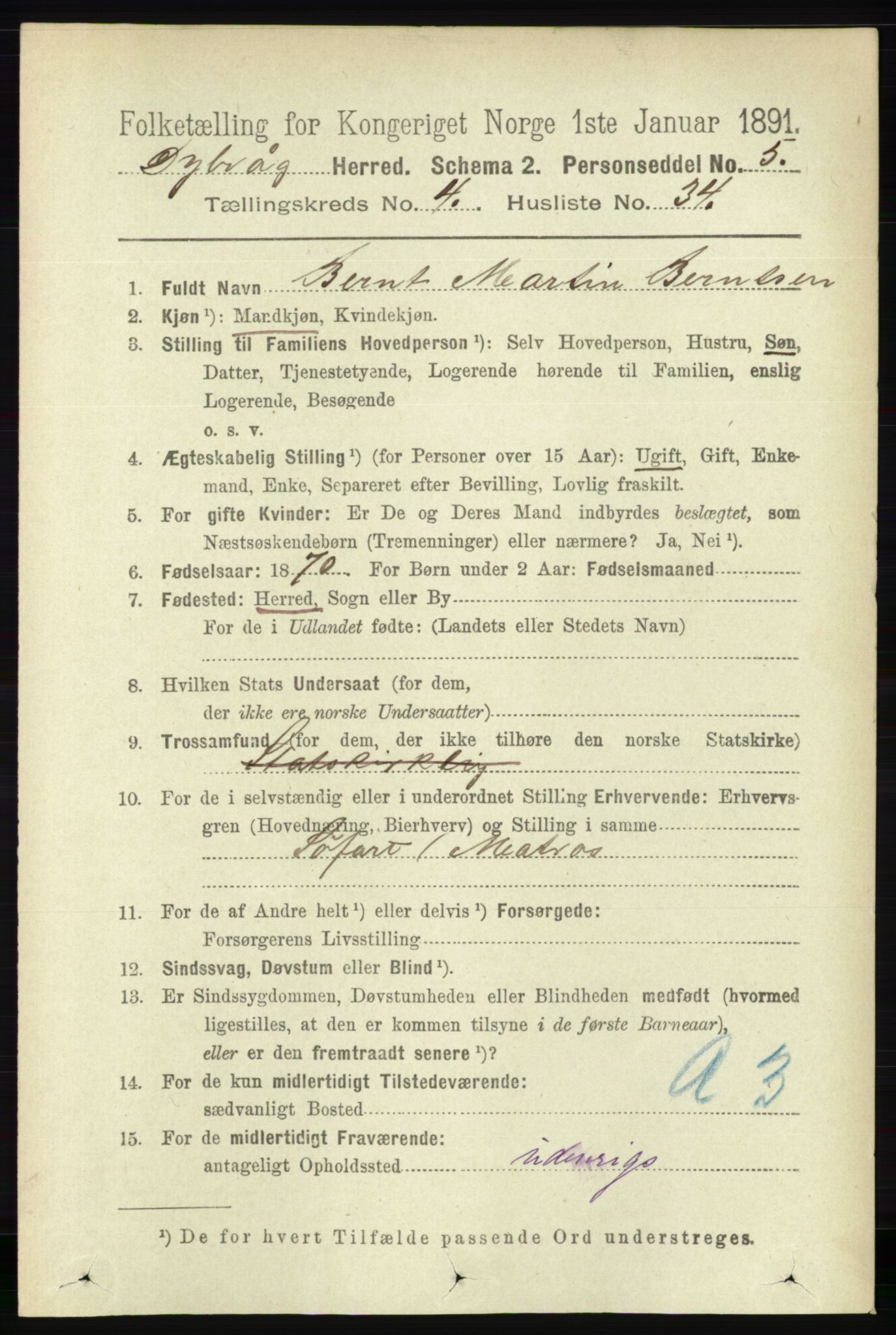 RA, 1891 census for 0915 Dypvåg, 1891, p. 1229