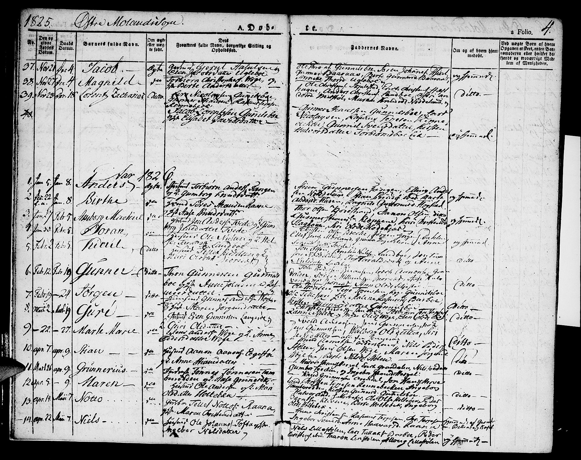 Austre Moland sokneprestkontor, SAK/1111-0001/F/Fa/Faa/L0005: Parish register (official) no. A 5, 1825-1837, p. 4