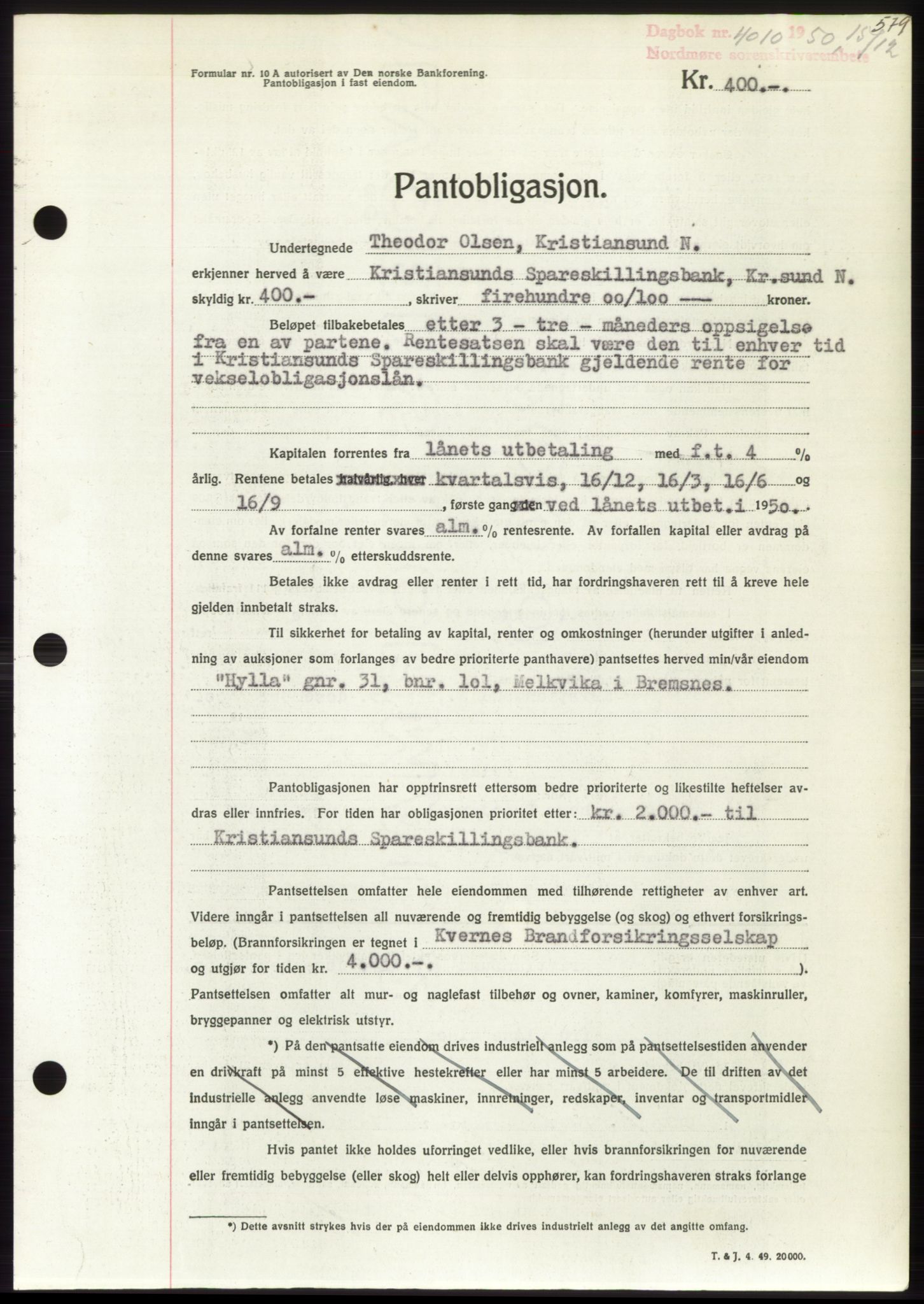 Nordmøre sorenskriveri, AV/SAT-A-4132/1/2/2Ca: Mortgage book no. B106, 1950-1950, Diary no: : 4010/1950