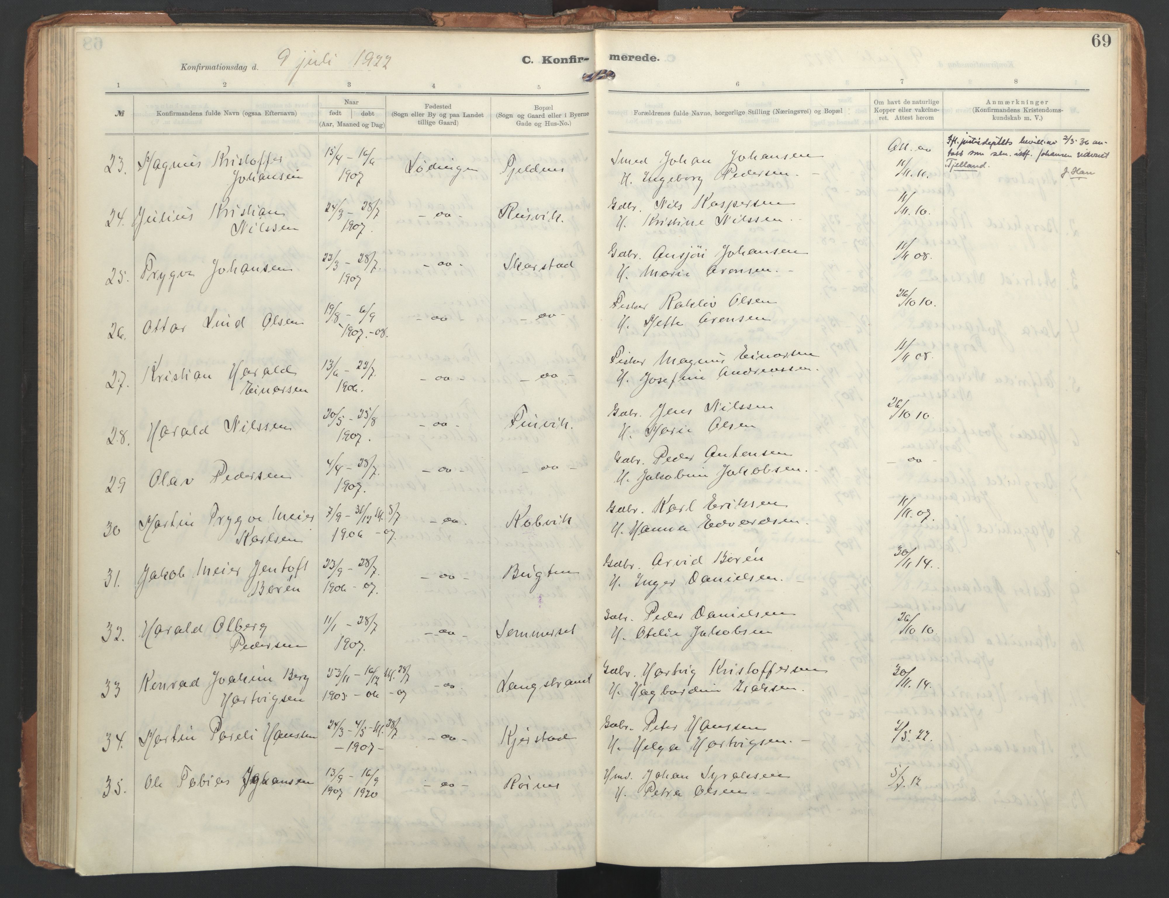 Ministerialprotokoller, klokkerbøker og fødselsregistre - Nordland, AV/SAT-A-1459/872/L1042: Parish register (official) no. 872A17, 1910-1937, p. 69