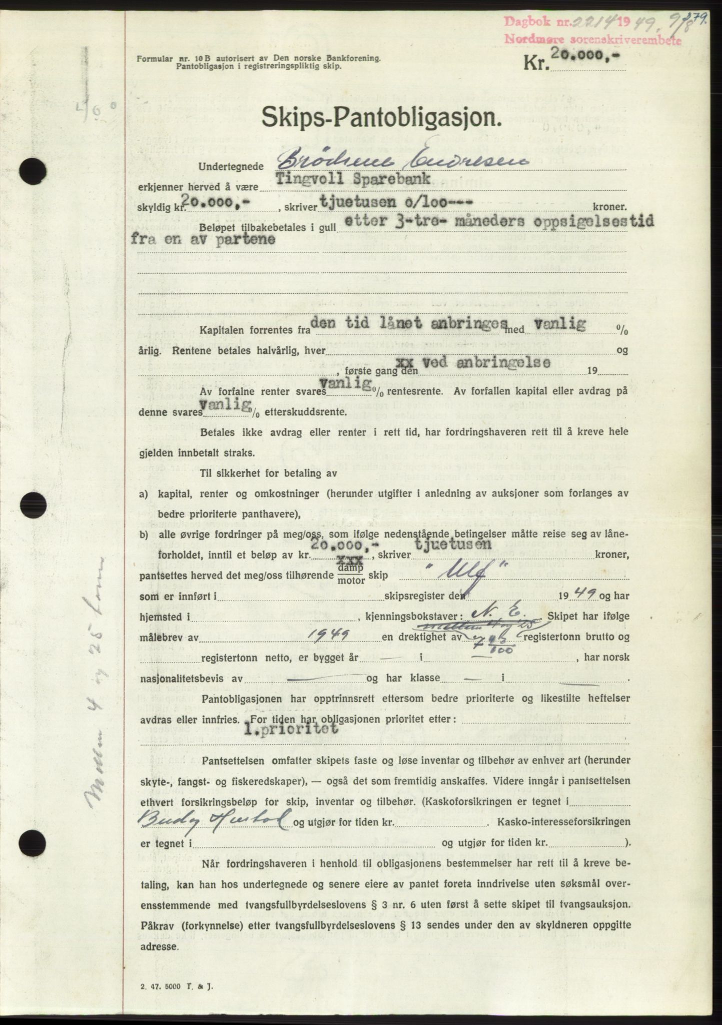 Nordmøre sorenskriveri, AV/SAT-A-4132/1/2/2Ca: Mortgage book no. B102, 1949-1949, Diary no: : 2214/1949