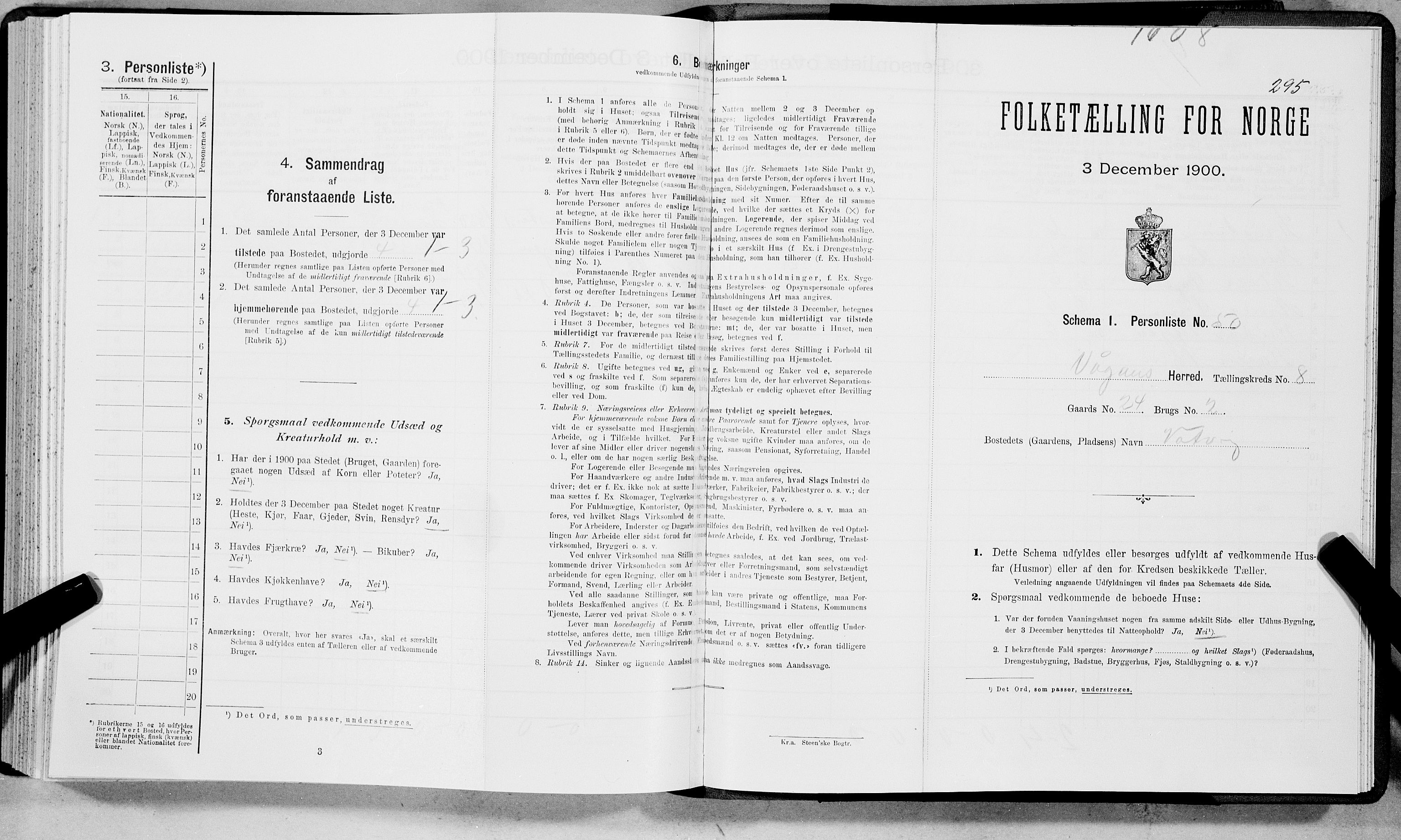 SAT, 1900 census for Vågan, 1900, p. 1183