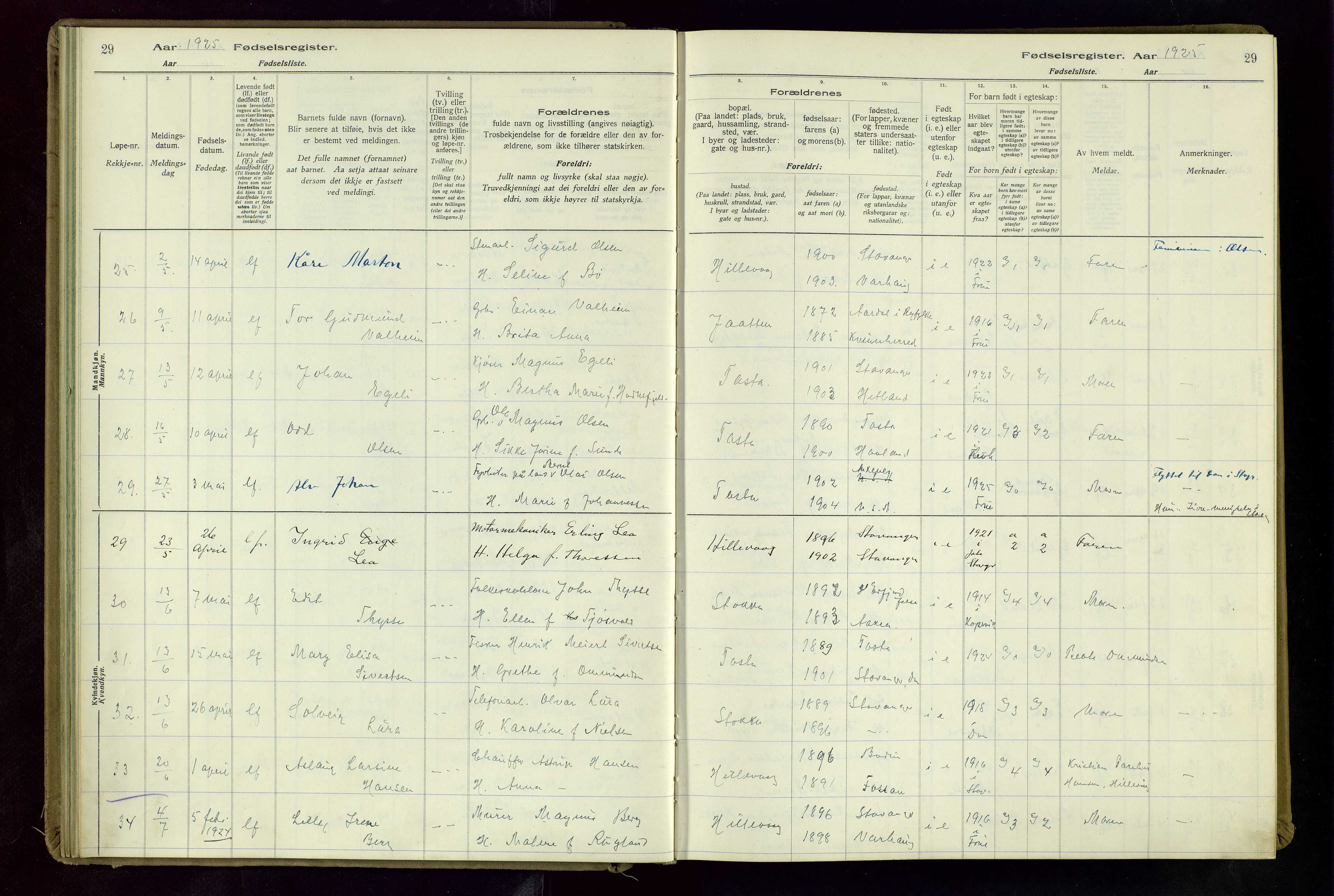 Hetland sokneprestkontor, AV/SAST-A-101826/70/704BA/L0004: Birth register no. 4, 1923-1937, p. 29