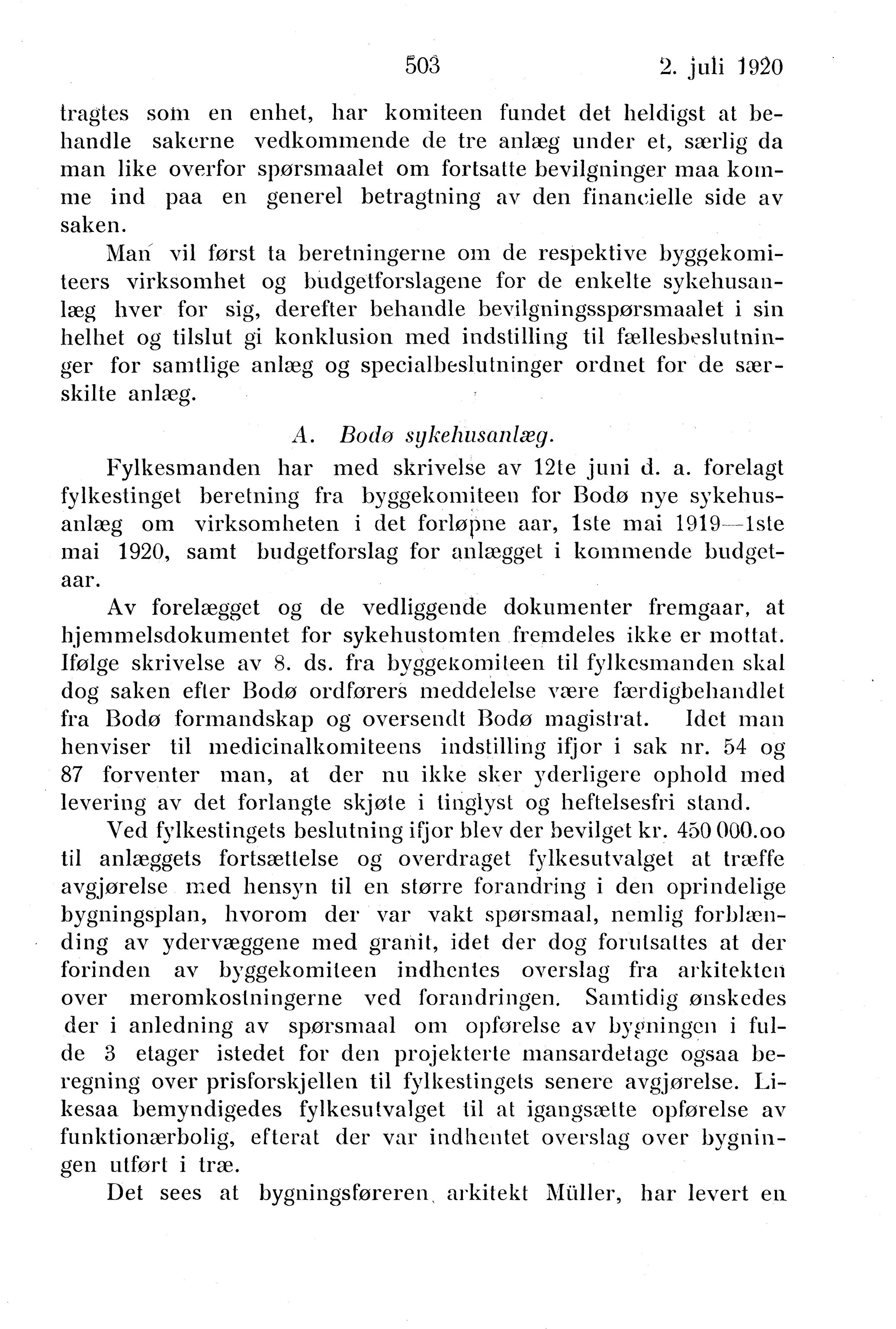 Nordland Fylkeskommune. Fylkestinget, AIN/NFK-17/176/A/Ac/L0043: Fylkestingsforhandlinger 1920, 1920