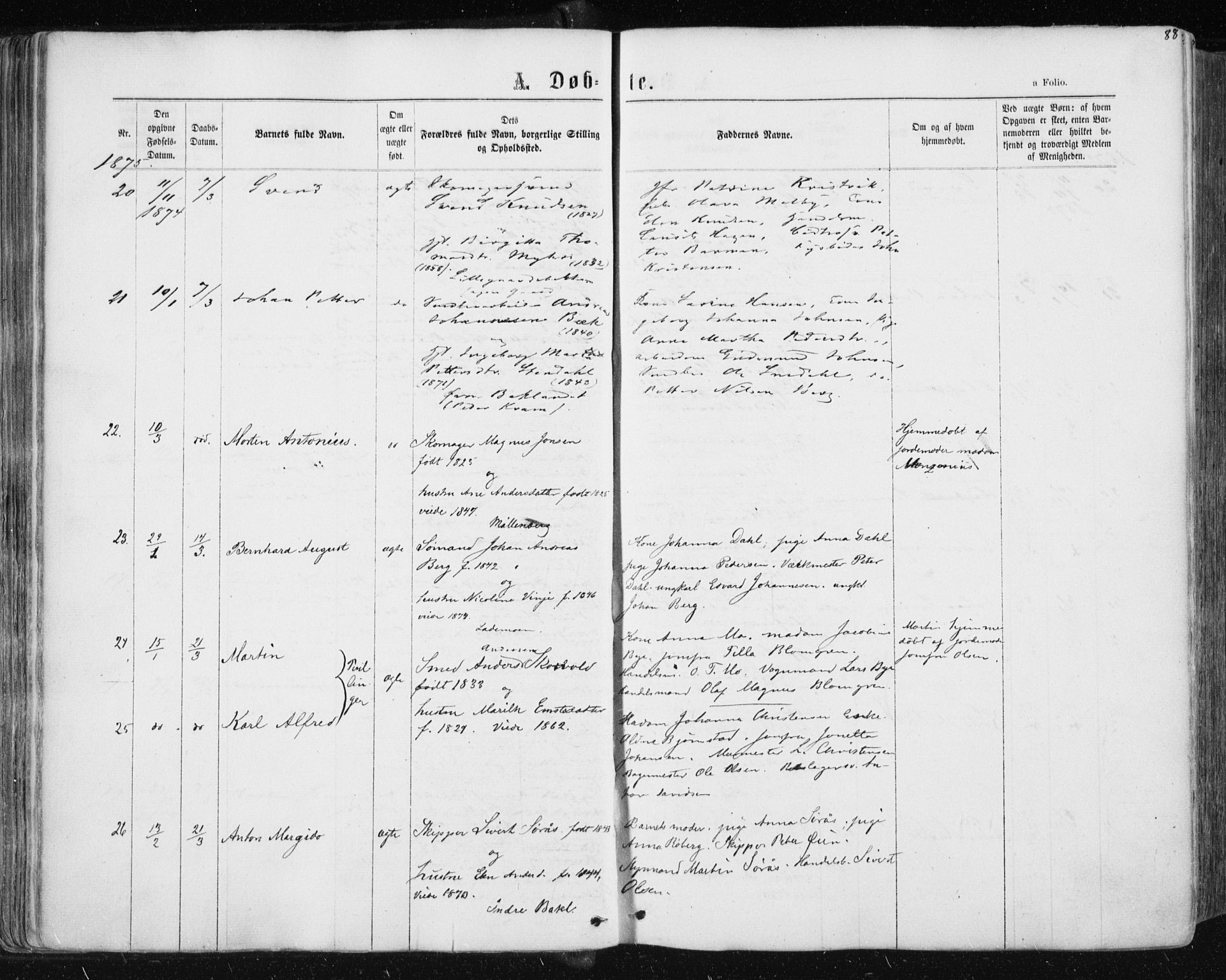 Ministerialprotokoller, klokkerbøker og fødselsregistre - Sør-Trøndelag, AV/SAT-A-1456/604/L0186: Parish register (official) no. 604A07, 1866-1877, p. 88