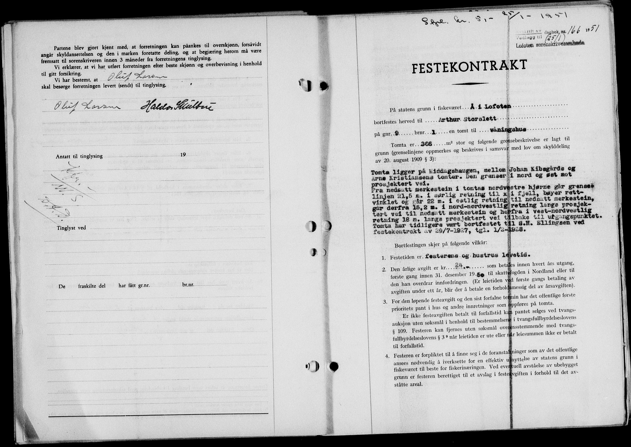 Lofoten sorenskriveri, SAT/A-0017/1/2/2C/L0025a: Mortgage book no. 25a, 1950-1951, Diary no: : 166/1951