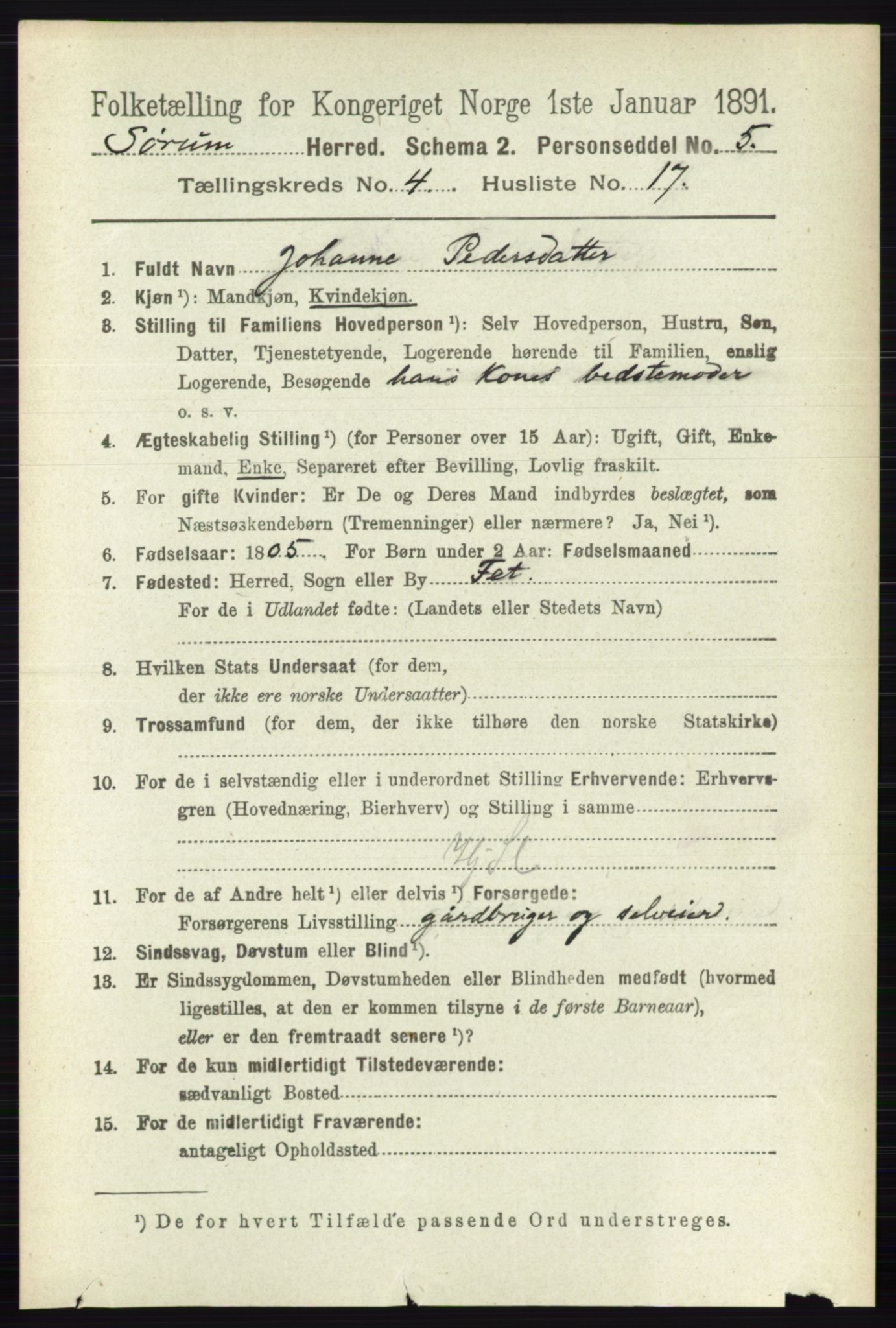 RA, 1891 census for 0226 Sørum, 1891, p. 1987