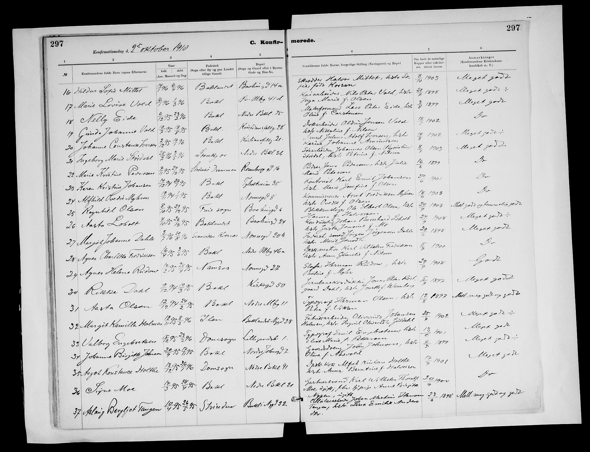 Ministerialprotokoller, klokkerbøker og fødselsregistre - Sør-Trøndelag, AV/SAT-A-1456/604/L0203: Parish register (official) no. 604A23, 1908-1916, p. 297